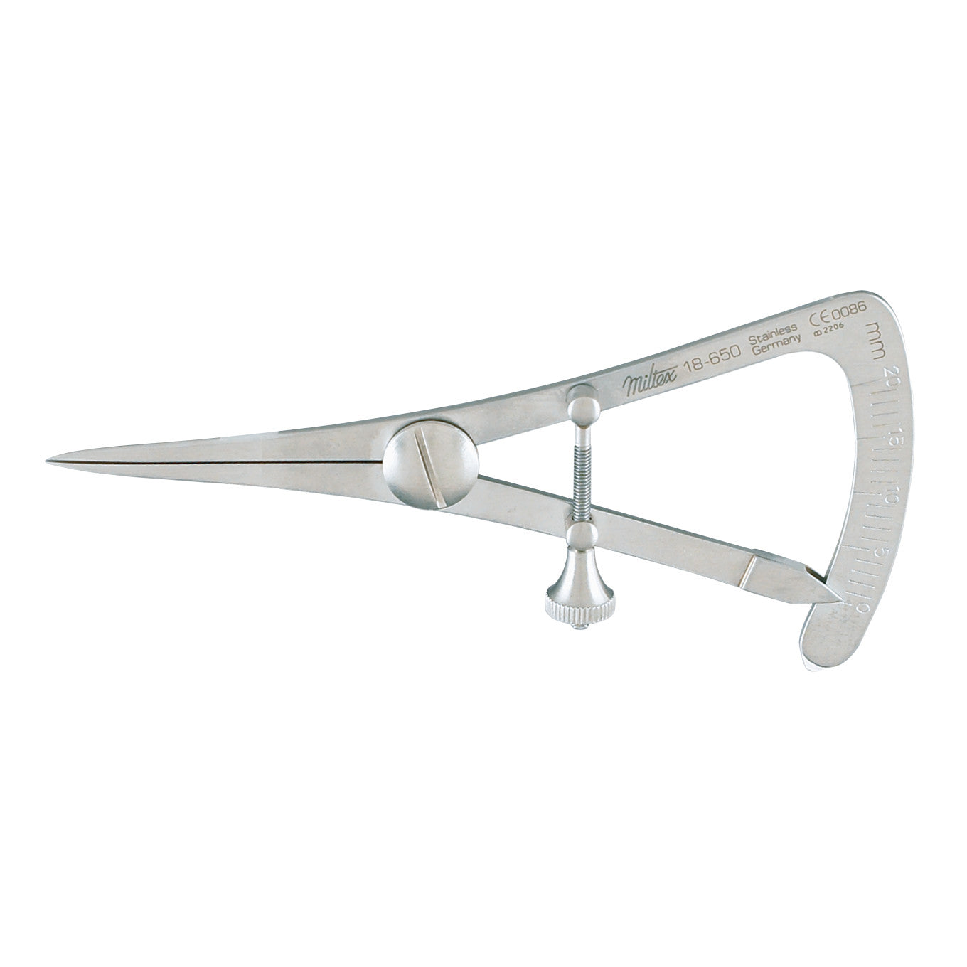 Miltex Castroviejo Calipers, made of stainless steel, featuring a screw for fine adjustments and measurement markings on the side.