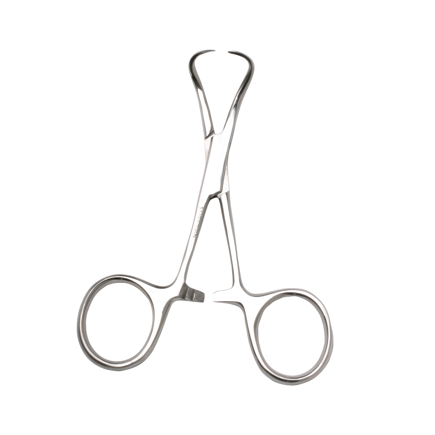 A stainless steel Backhaus Towel Clamp with curved, pointed tips and finger rings, used for securing drapes during surgical procedures.