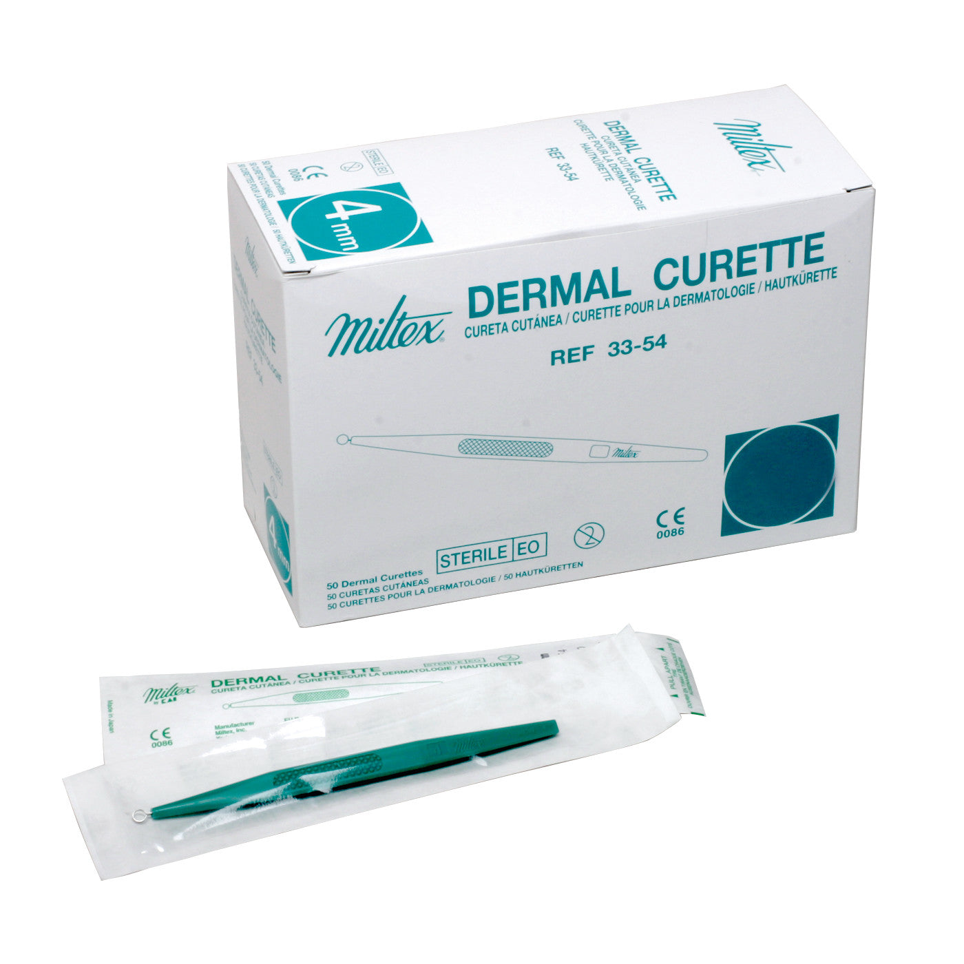 Box of Miltex Disposable Dermal Curettes, with a 4mm size indicated. One curette in sterile packaging is displayed in front.