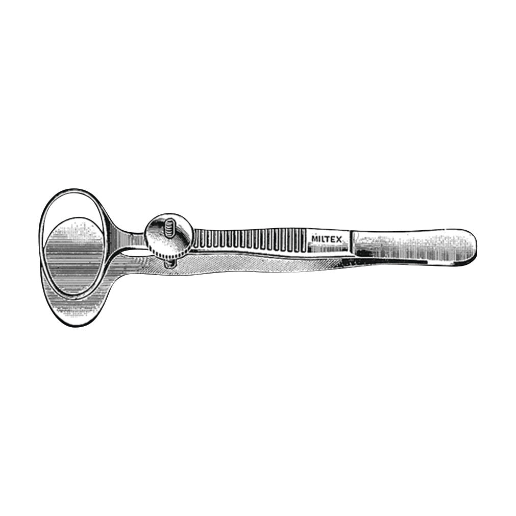 Desmarres Chalazion Forceps, a medical instrument with a clamping mechanism and oval loop, typically used in eye procedures.