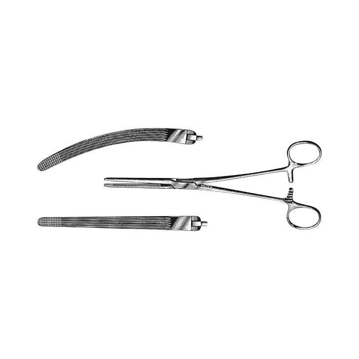 Rochester Carmalt Forceps are shown in three parts: two detachable textured jaw inserts and the main scissor-like handle.