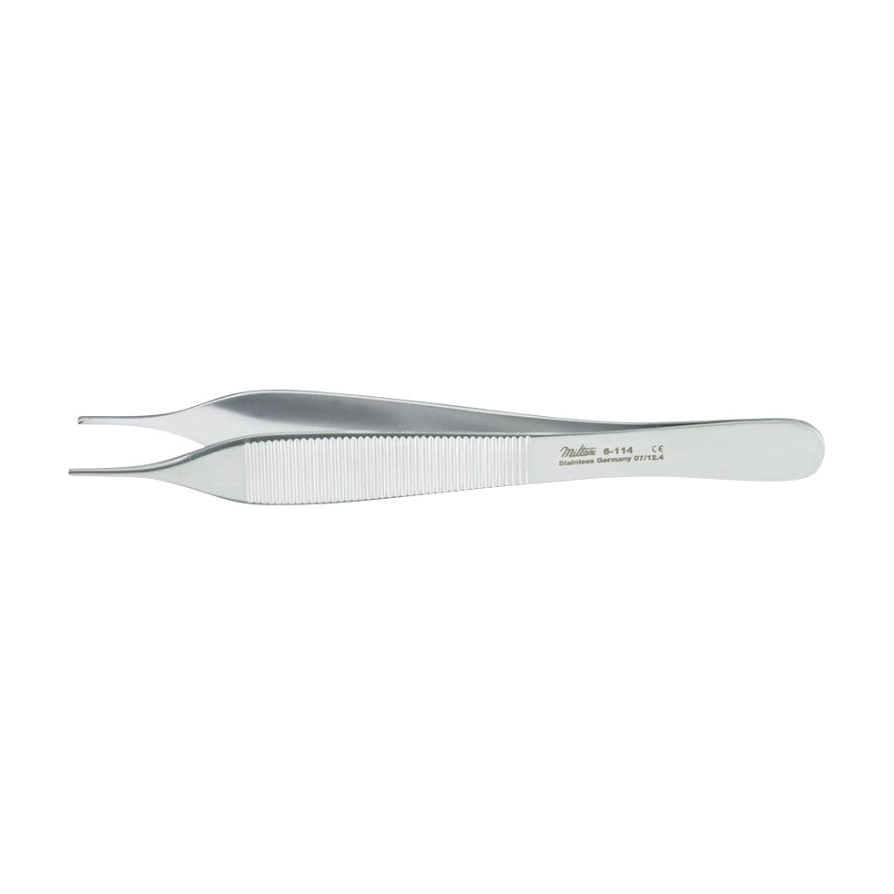 Miltex Hudson (Ewald) Dressing Forceps, stainless steel with a textured grip, featuring precision tips for medical use.