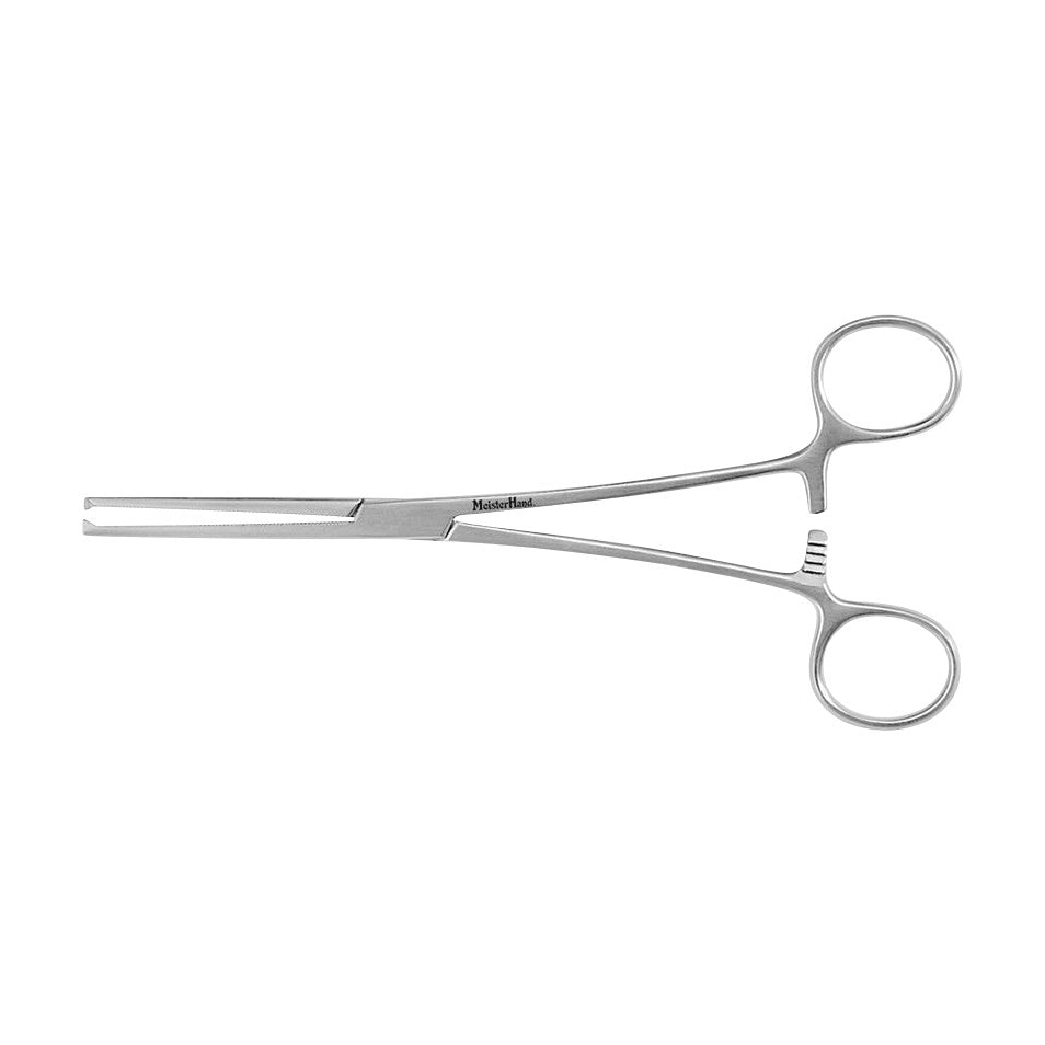 Miltex MeisterHand Kocher Forceps are stainless steel surgical forceps with a straight tip and looped handles for gripping tissues.