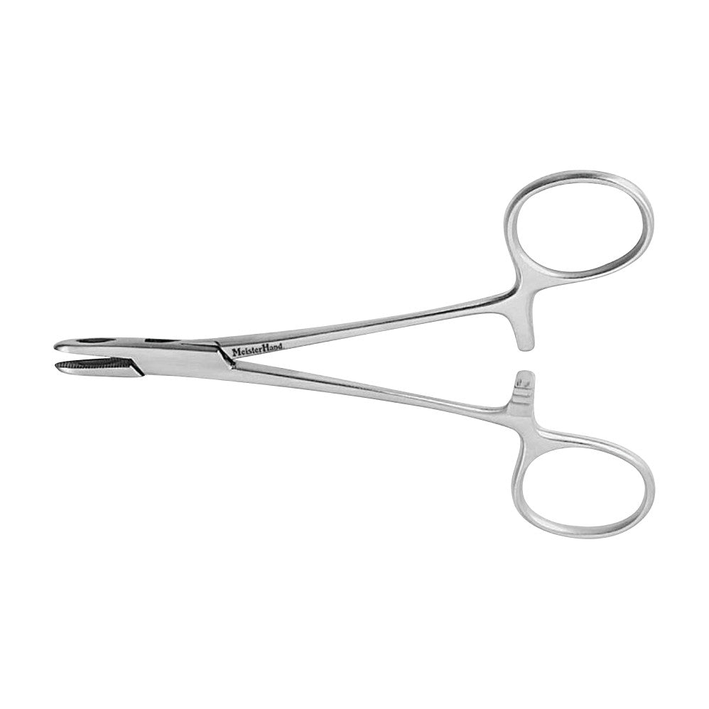 The Miltex Collier Needle Holder is a stainless steel surgical instrument with finger loops and a grooved, clasping tip.