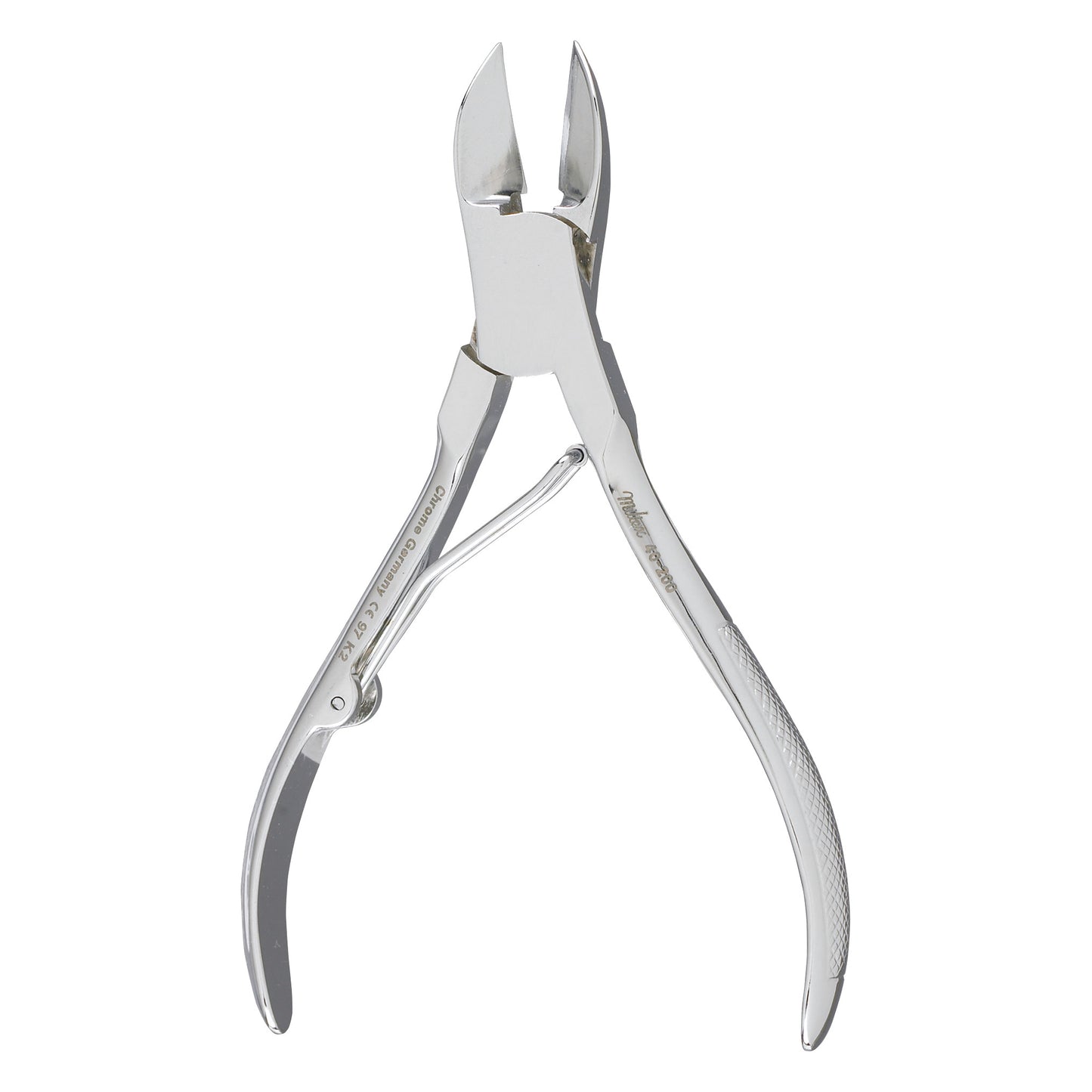 A pair of Single-Spring Nail Nippers with a metallic finish, featuring curved blades and textured handles for a secure grip.