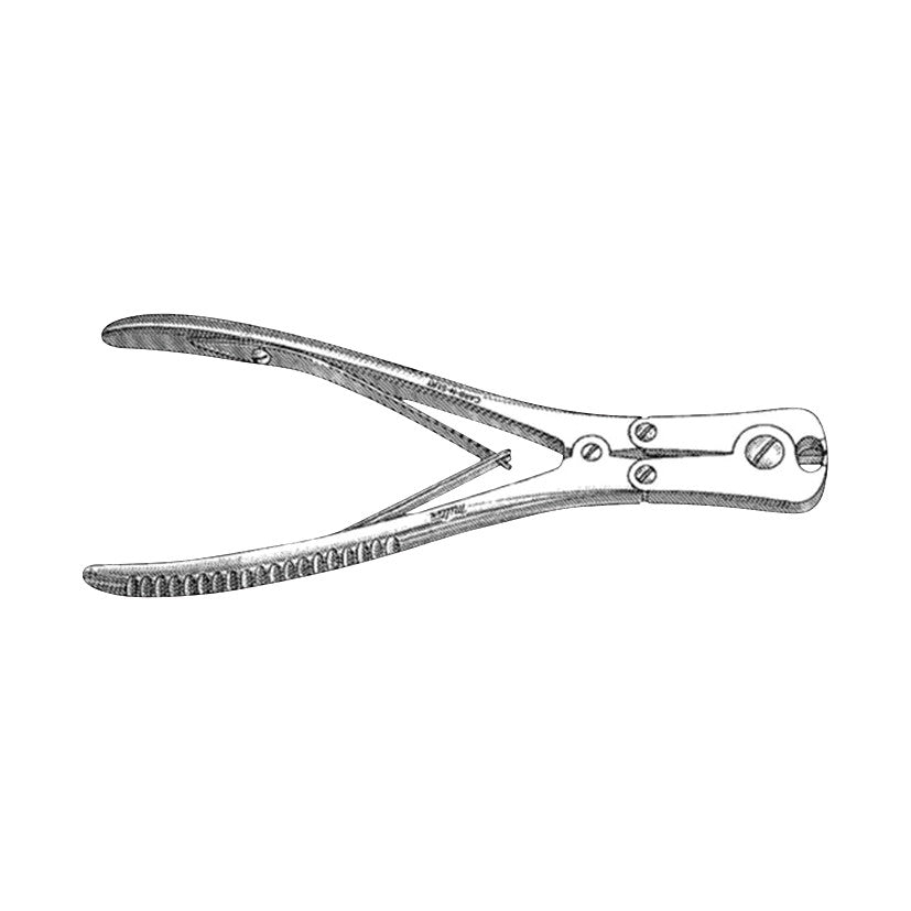 Miltex Double-Action Front/Side Pin and Wire Cutter with curved handles and serrated grips, designed for cutting medical wires.