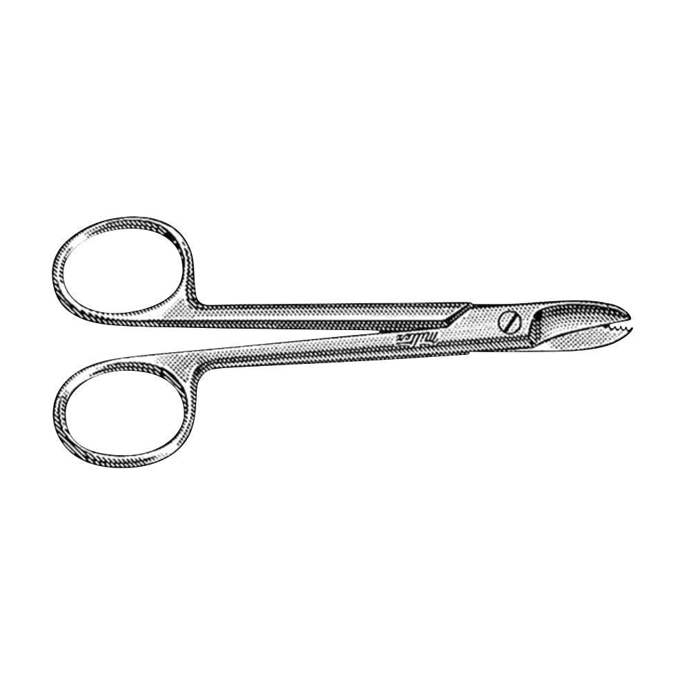Miltex Crown and Collar Scissors with ring handles and serrated blades, designed for dental procedures, shown in a detailed illustration.