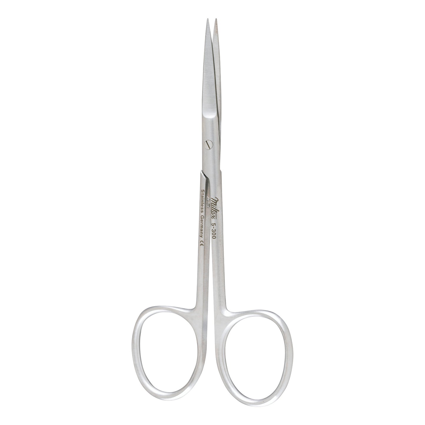 Miltex Heavy Pattern Iris Scissors with sharp, fine tips and looped handles, designed for precision cutting in medical procedures.