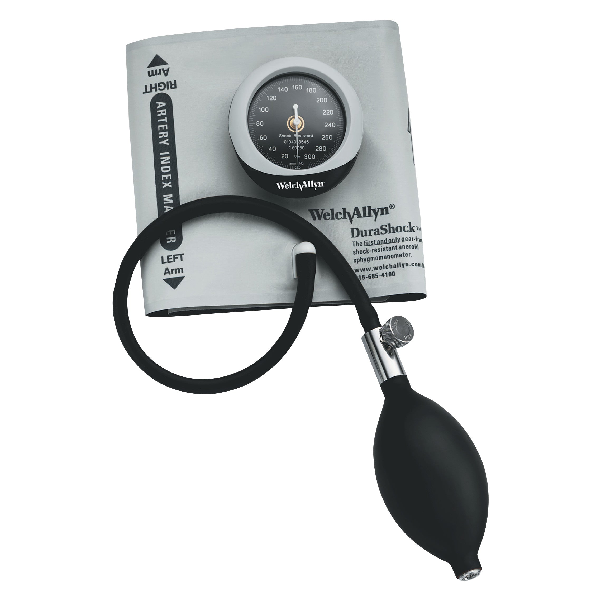 A Welch Allyn Tycos DuraShock Integrated Aneroid with gray cuff, black bulb, and dial gauge for measuring blood pressure.
