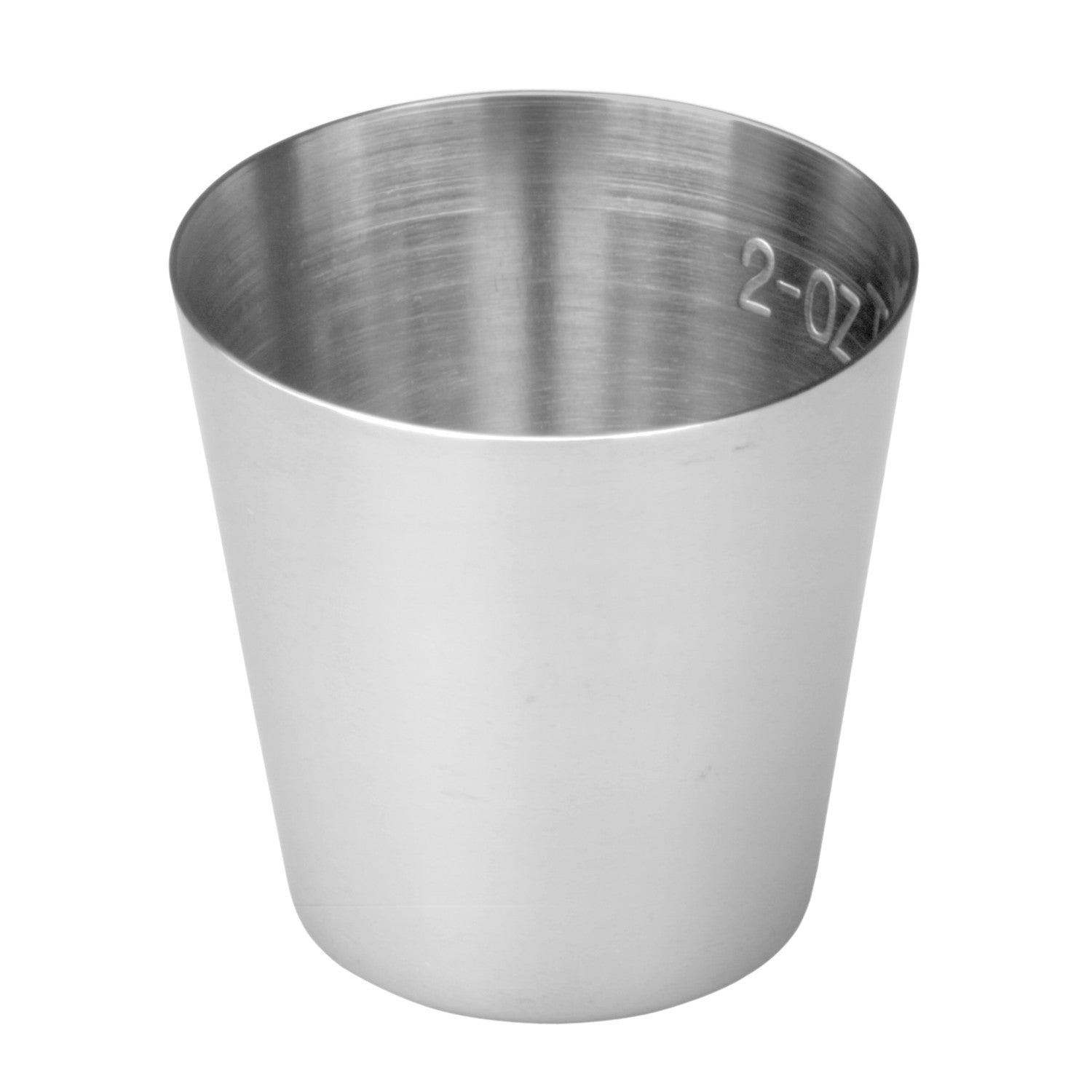A stainless steel Polar Ware Medicine Cup with a 2-ounce measurement marking on the inside.