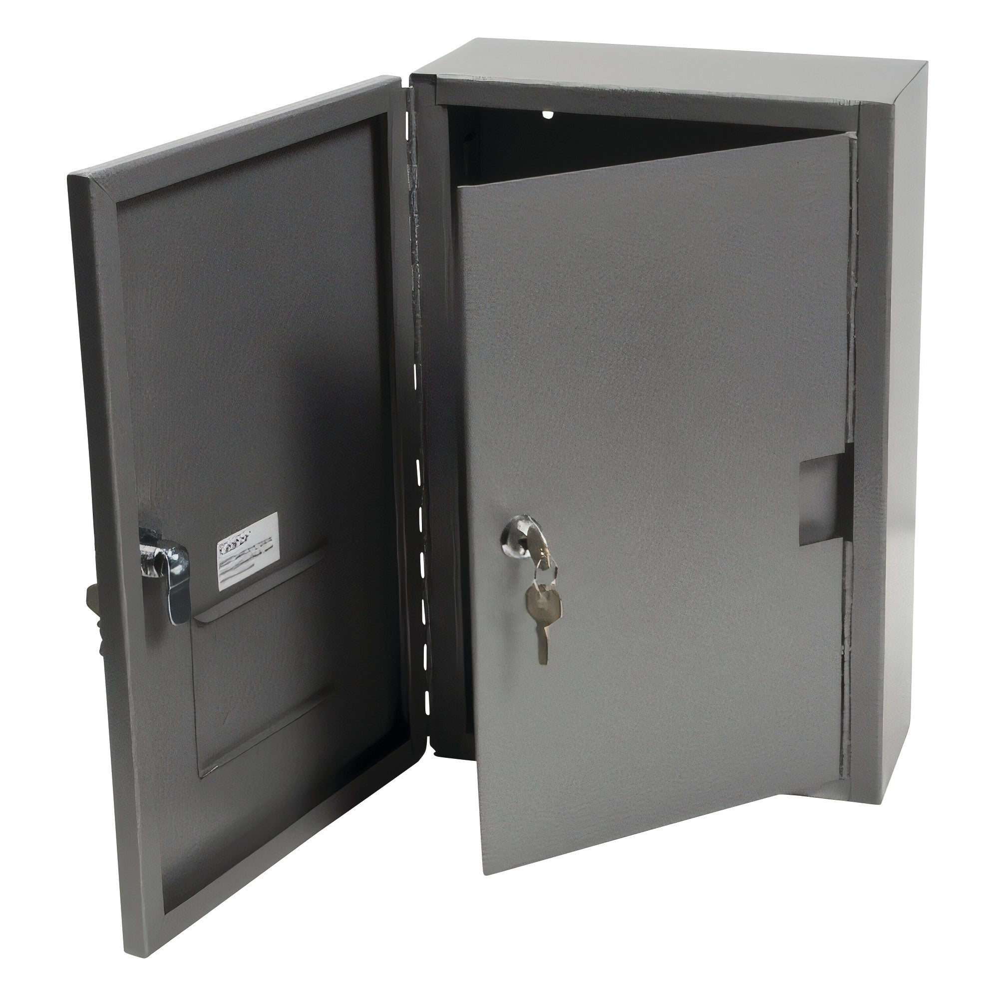 The Graham-Field Narcotics Safe is shown open, revealing its interior, with both doors slightly ajar and keys in the lock.