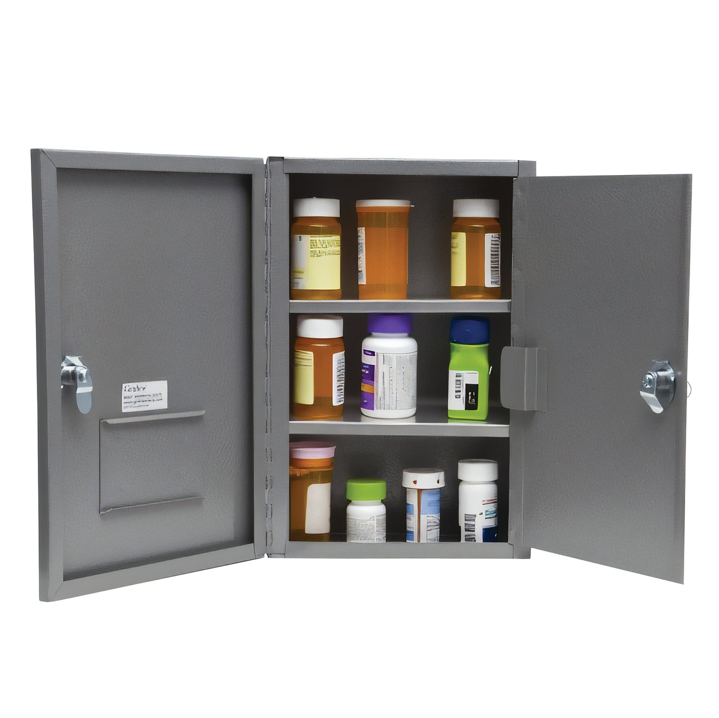 The Graham-Field Narcotics Safe is open, displaying various bottles of medication on three shelves inside a metal cabinet.
