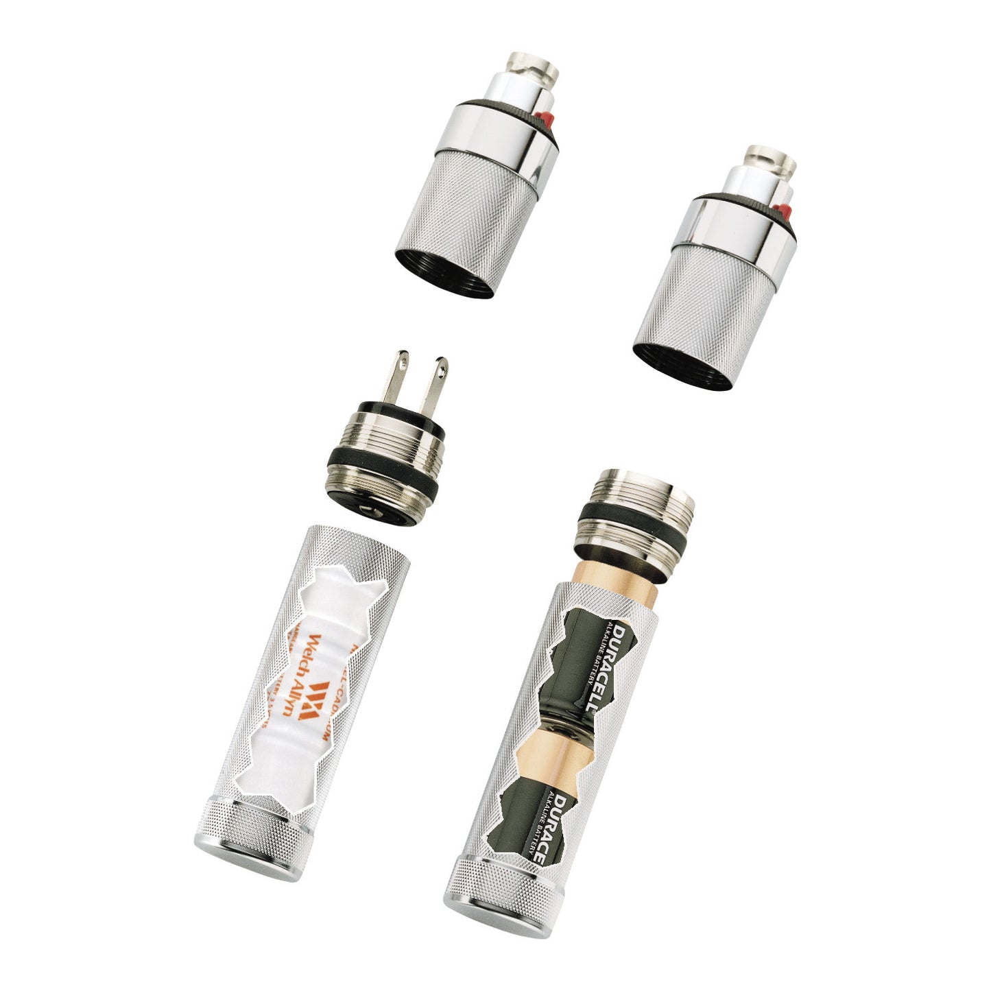 Welch Allyn 3.5V Convertible Plug-In Handle components, including plug, battery compartments, and textured grips, are shown disassembled.