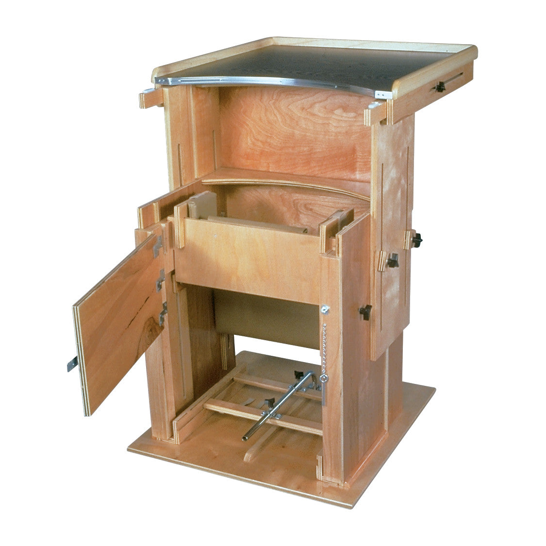 Bailey Adult Standing Table in wood finish with adjustable parts and an open cabinet, suitable for therapeutic or rehabilitation use.