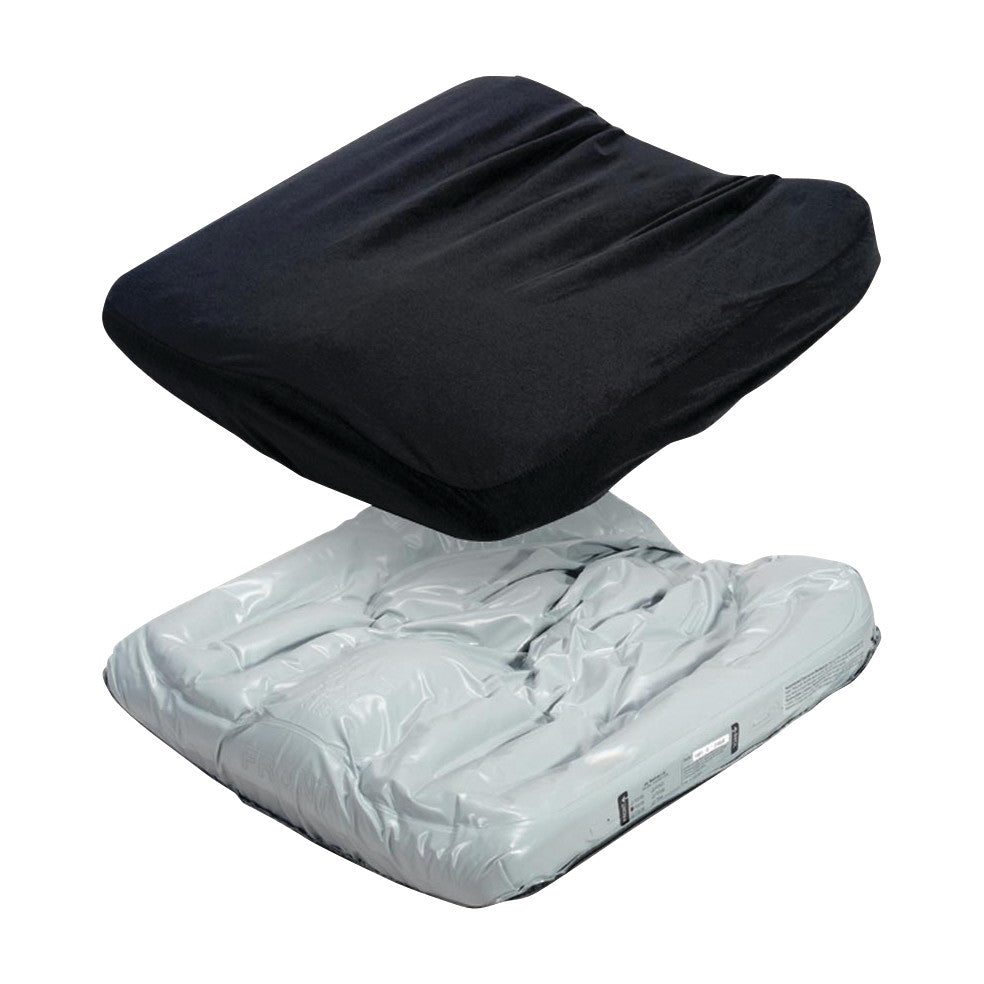 Jay Care Wheelchair Cushion with a black fabric cover, shown separately from a light gray inflatable base.