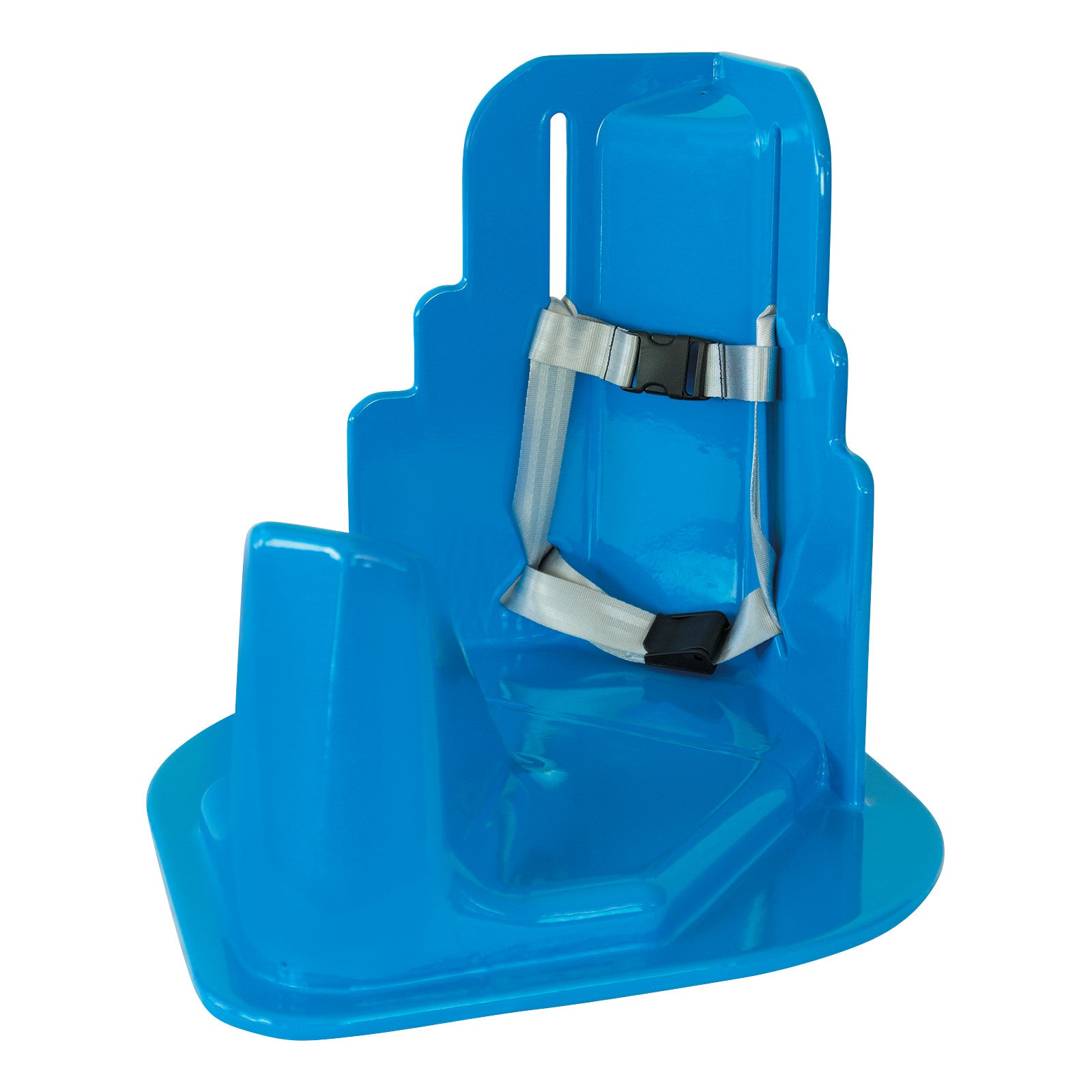 The Tumble Forms2 Universal Corner Chair, blue with an attached safety harness, is designed for postural support in children or small patients.