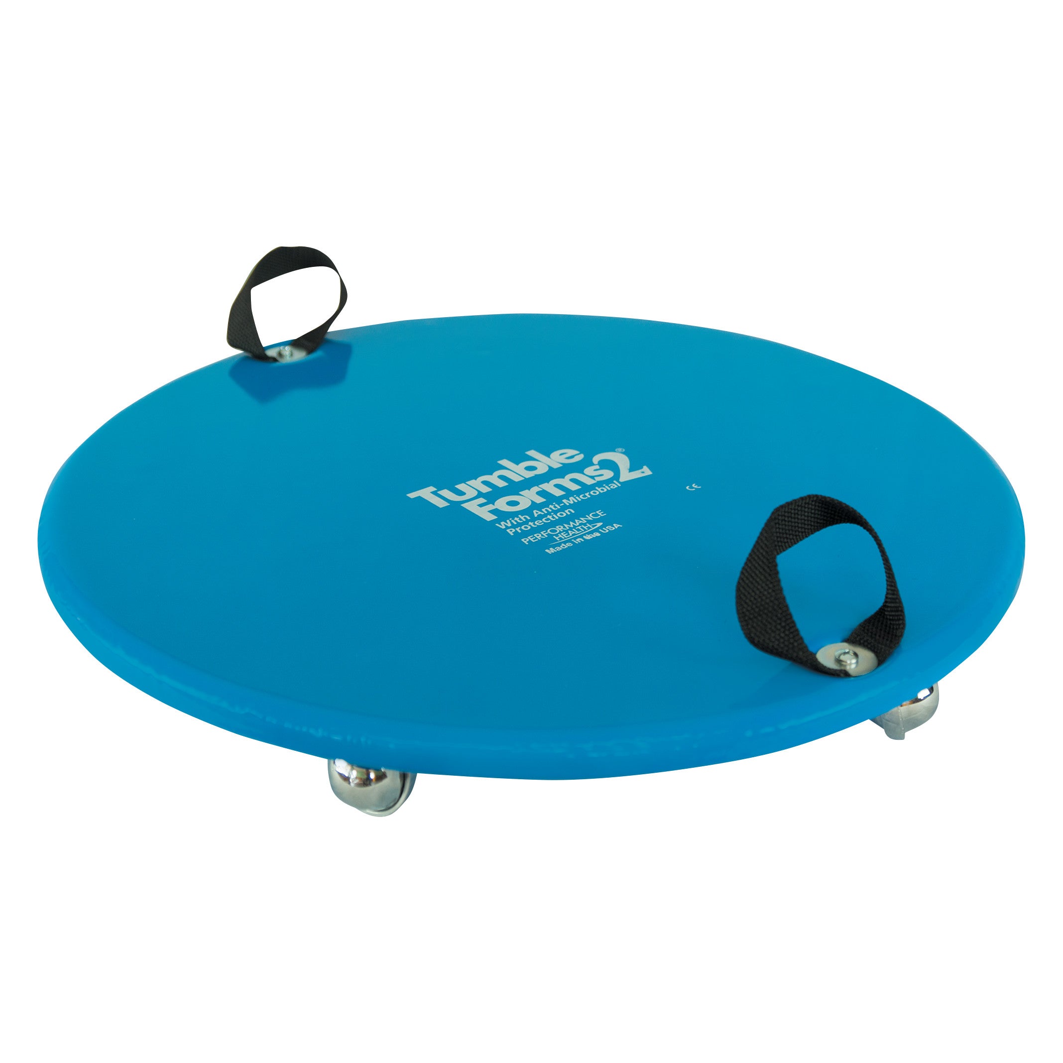 A blue Tumble Forms2 Scooter Board with two black handles and swivel casters designed for therapeutic use.