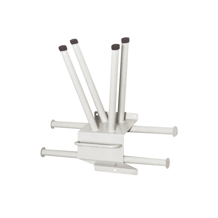 The Multi-Apron Wall Rack features multiple metal rods for hanging aprons, designed for wall mounting with durable construction.