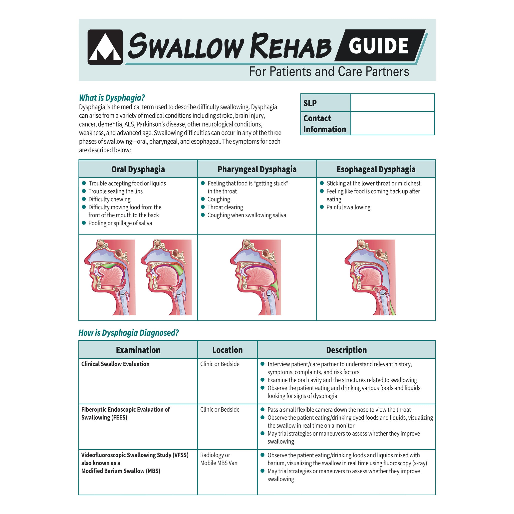 The AliMed Swallow Rehabilitation Guide describes types and diagnoses of dysphagia with illustrations and examination methods.