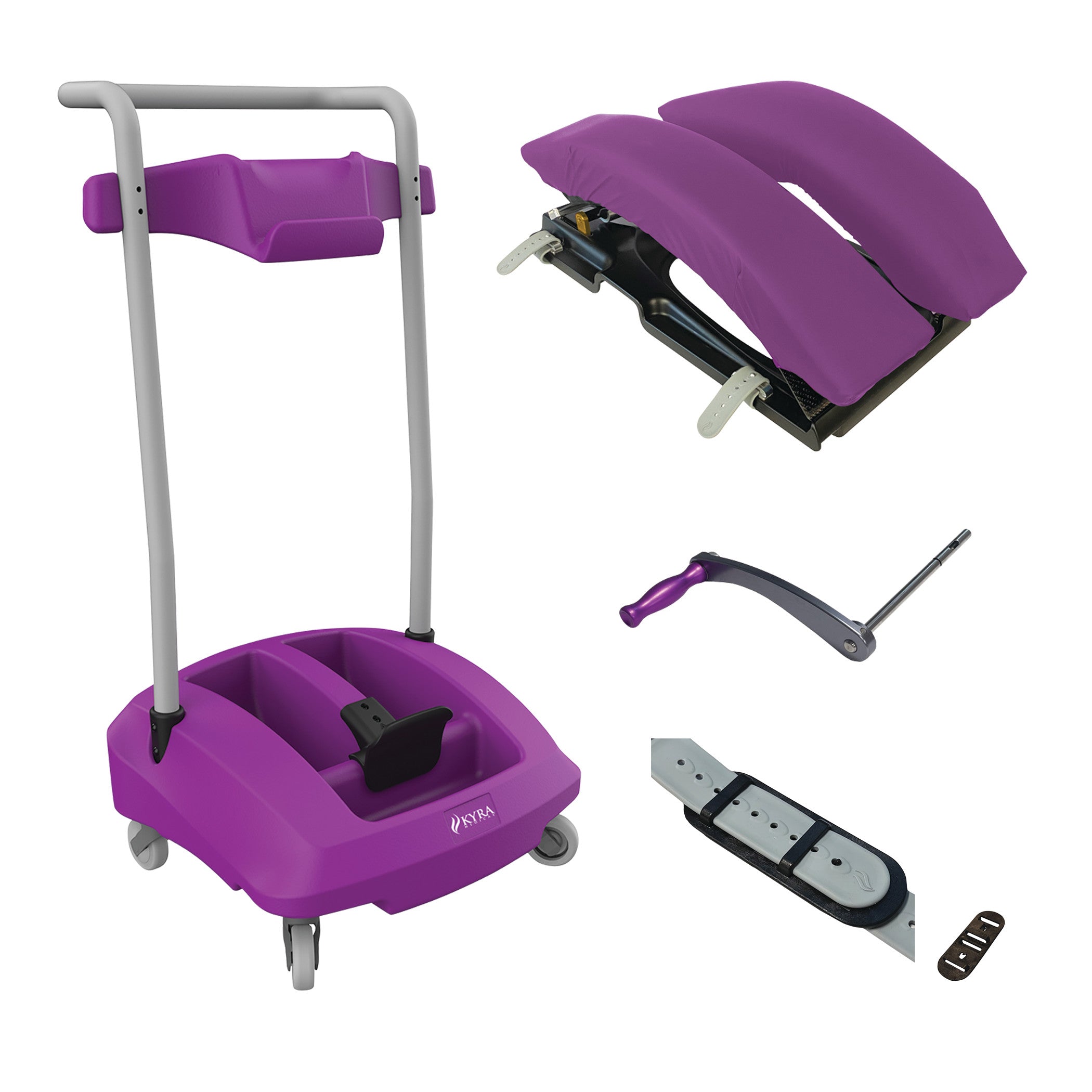 KYRA Curve Spine Frame System featuring a purple base with wheels, padded support, handle, crank, and mounting accessory.