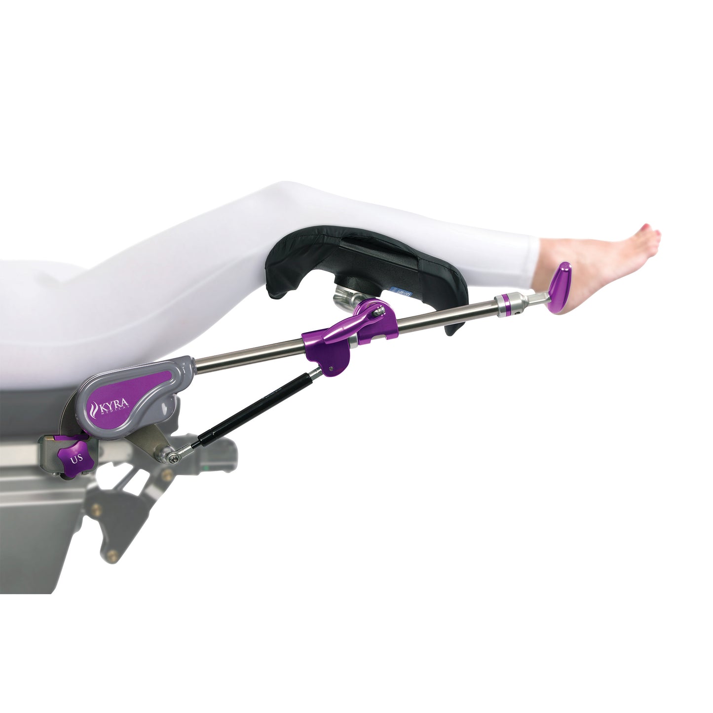 A patient's leg is supported by a KYRA Lift Assist Knee Crutch, featuring purple and silver components, attached to a medical table.