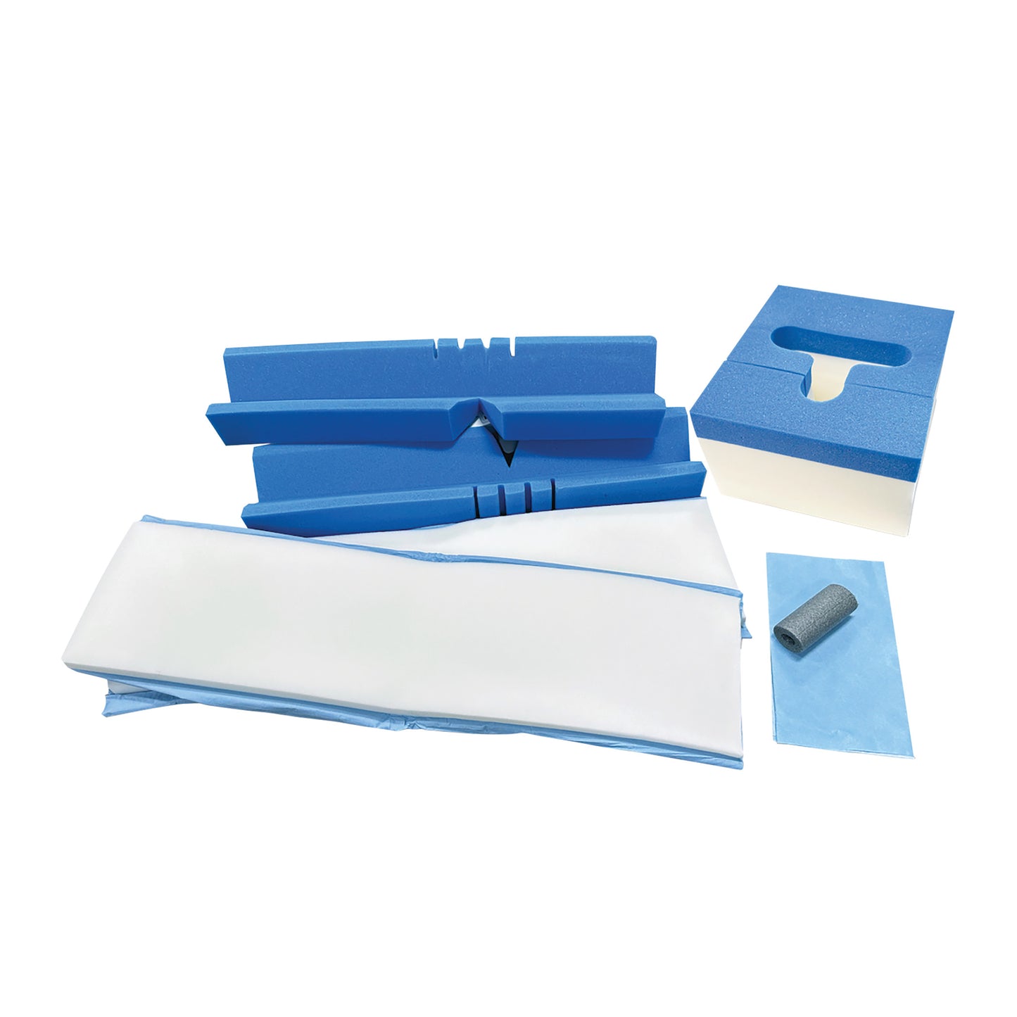 Disposable Comfort Cover Set for KYRA Curve Spine Frame, including blue foam pieces, a white cover, and a small blue fabric piece.