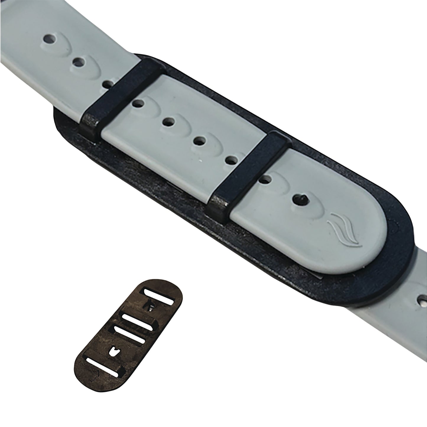 Secure-Lok Strap Connector for KYRA Curve Spine Frame shown with a gray strap featuring black loops and an adjacent, small metal piece.