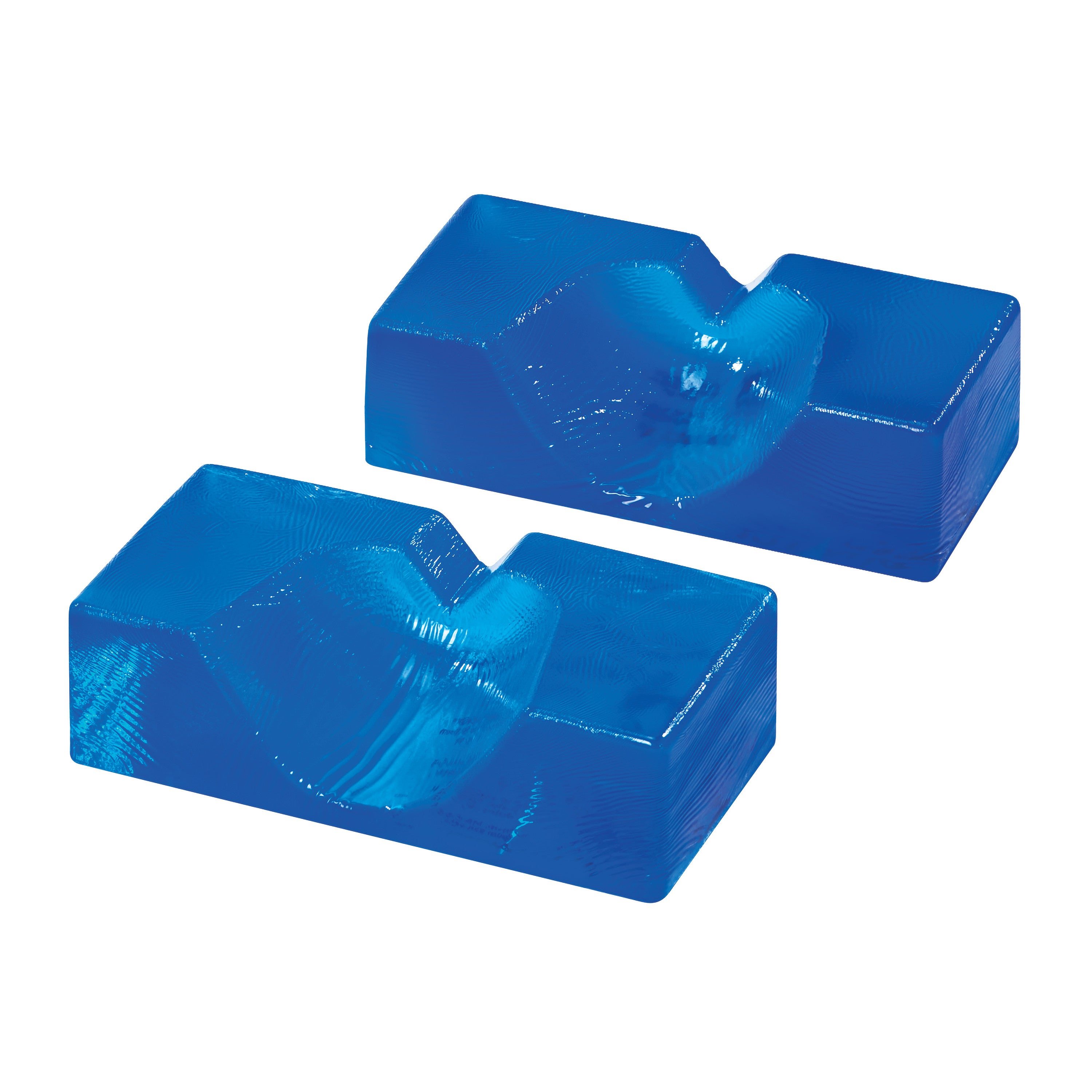 Two blue AliMed AliBlue Gel Heel Cup Positioners are shown, designed with a recessed area for heel support and cushioning.