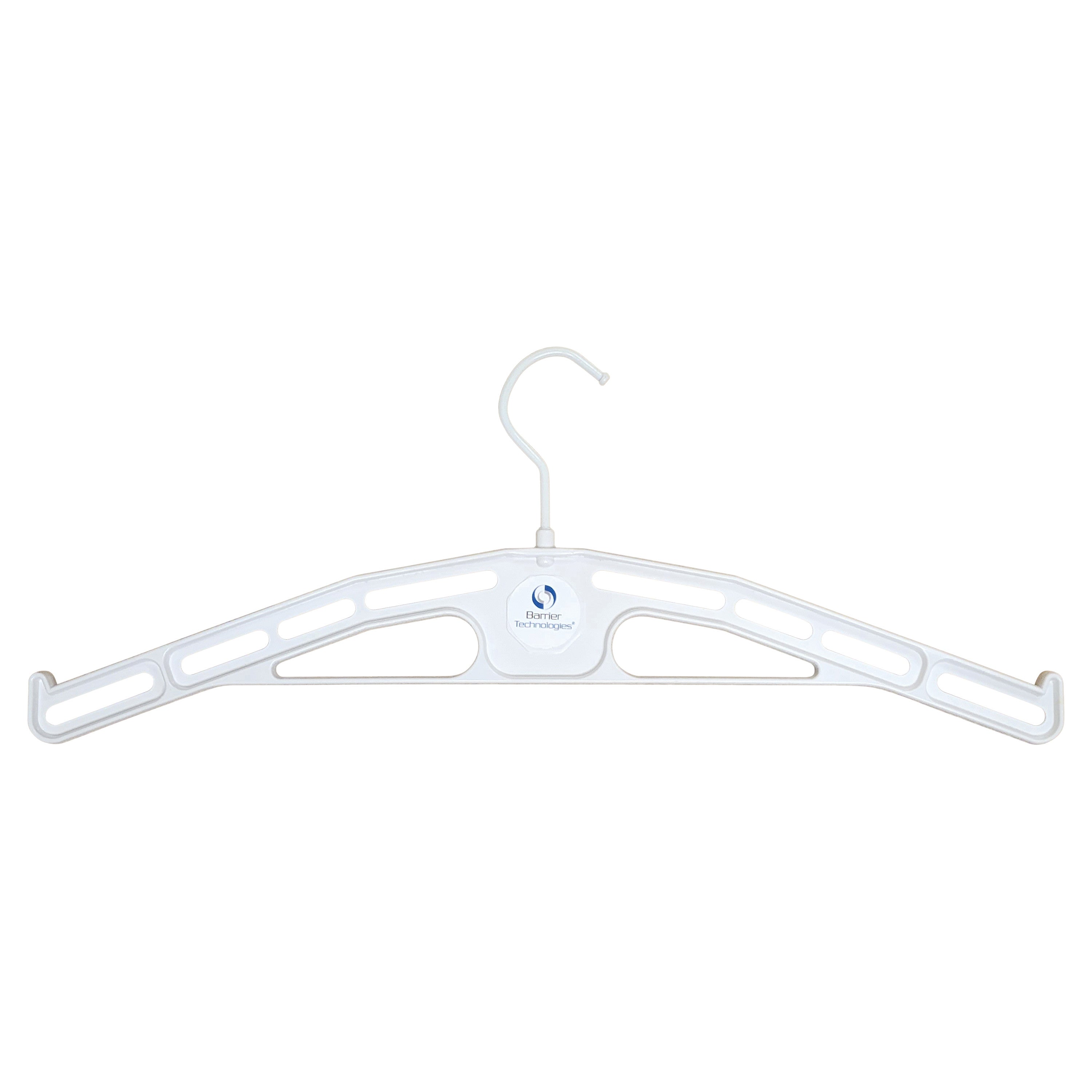 Barrier Technologies Deluxe Apron Hanger is a sturdy, white hanger with multiple slots, designed for hanging aprons securely.