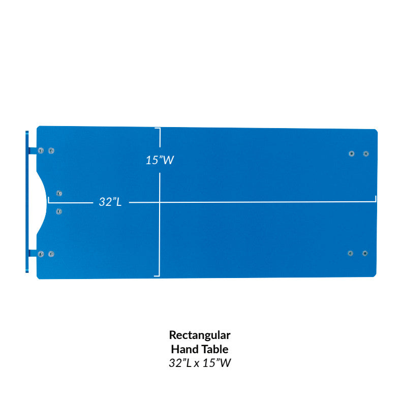 AliMed Rectangular Rhino Board Hand Table in blue, measuring 32"L x 15"W, with mounting holes and cut-out on the left side.
