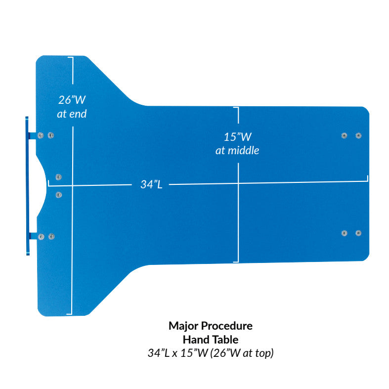 The AliMed Major Procedure Rhino Board Hand Table is blue, measures 34 inches long and 15 inches wide, widening to 26 inches at the top.