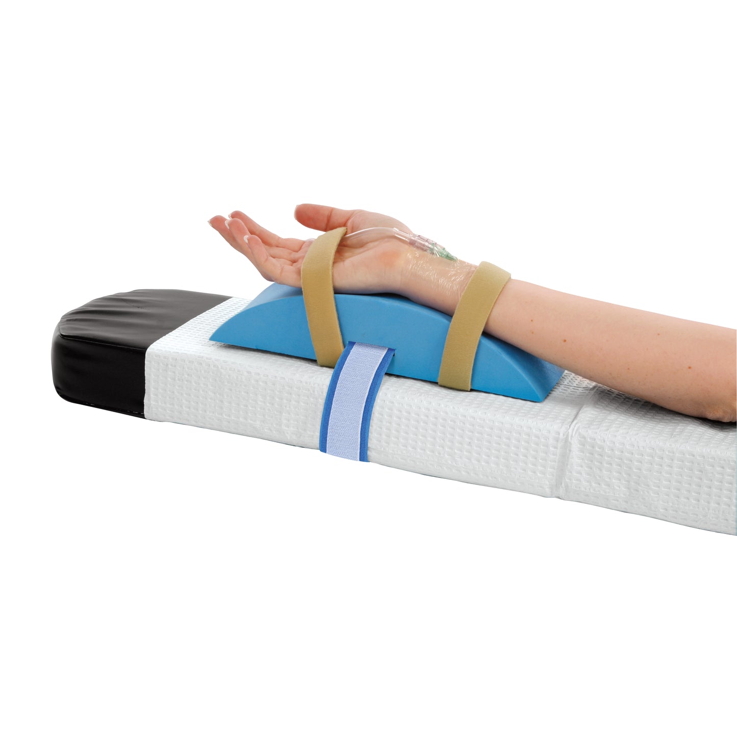 An arm rests on an AliMed Deluxe A-Line Support Splint, secured with blue and beige straps, on a cushioned surface.