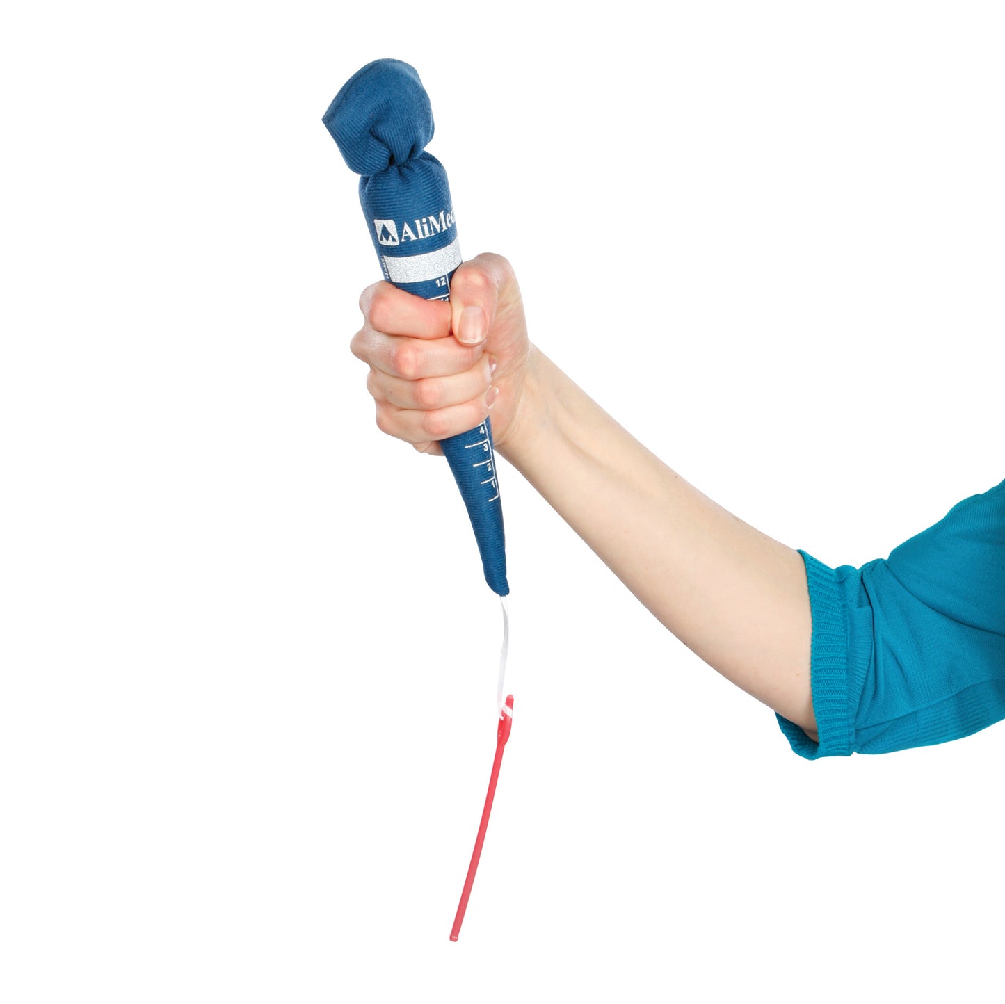 A hand grasps the Replacement Carrot for AliMed Antimicrobial-Treated Blue Therapy Carrot Hand Contracture Orthosis Kit with a red strap.