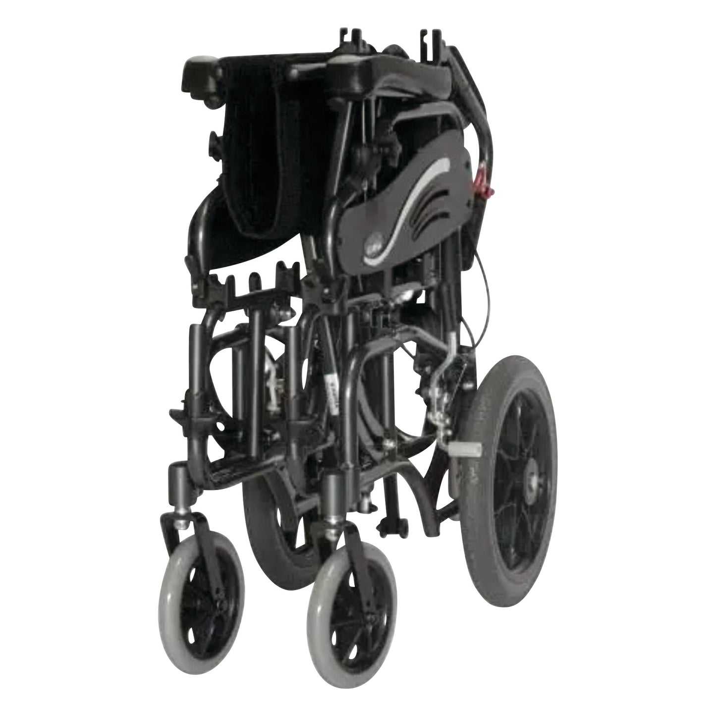 A folded Tilt-in-Space Transport Chair with an 18-inch wide by 17-inch deep seat, displaying its compact and portable design.