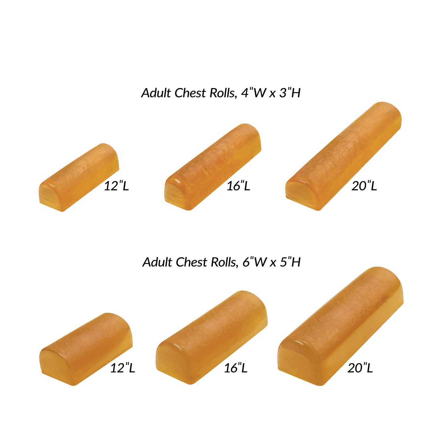 Image of AliMed AliGel Chest Rolls in varying sizes. Top: 4"W x 3"H in lengths of 12", 16", 20". Bottom: 6"W x 5"H in length.