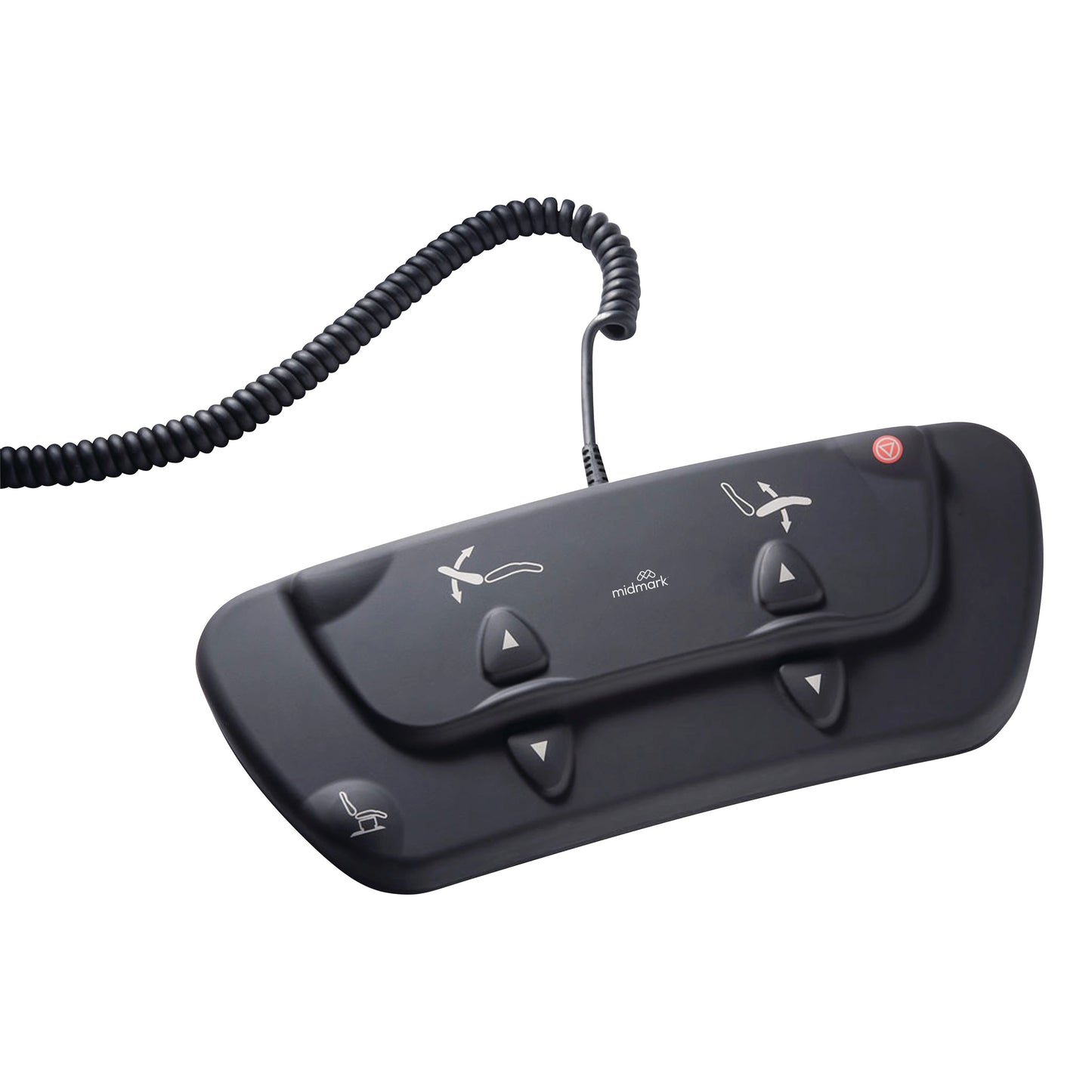 A Midmark Basic Podiatry Procedure Chair, Model 646, remote control with cord, featuring buttons for chair adjustments.