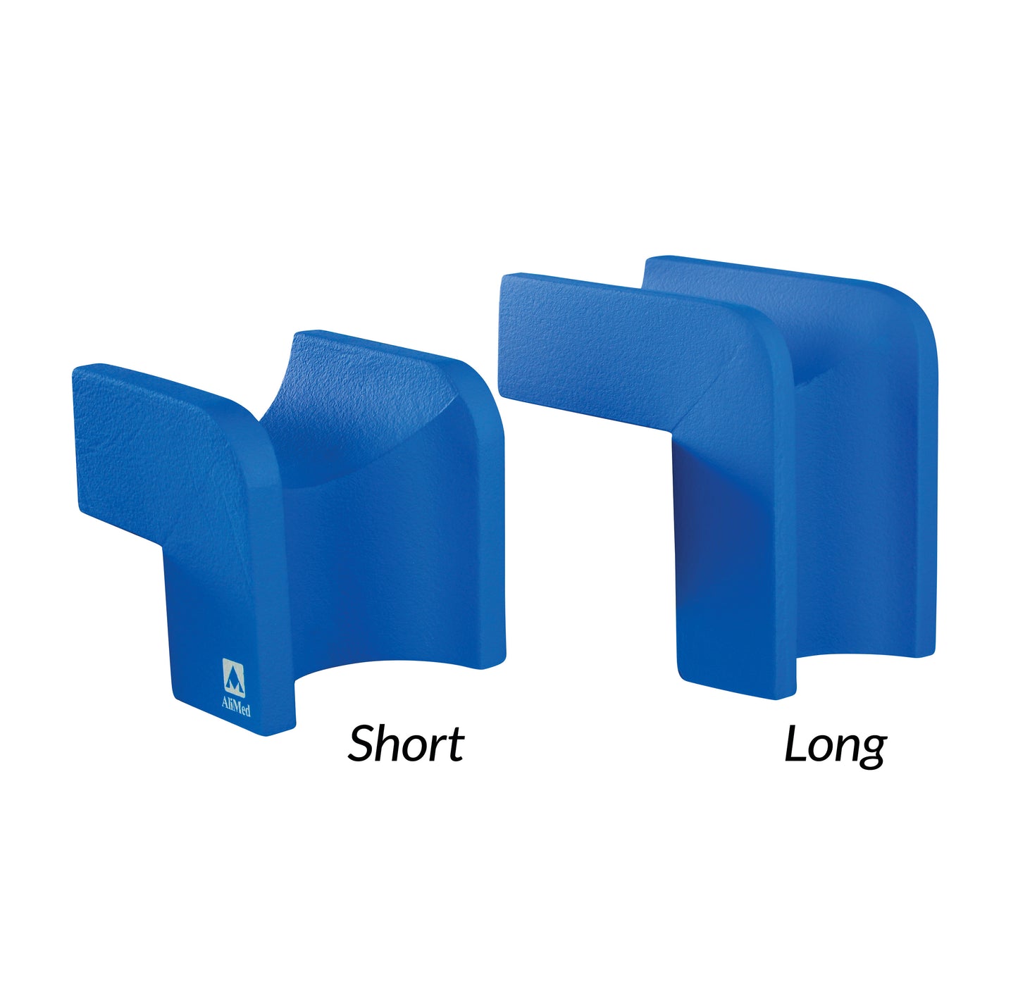 Two AliMed Vinyl-Coated Well-Leg Holders in blue, designed for medical support and stability.