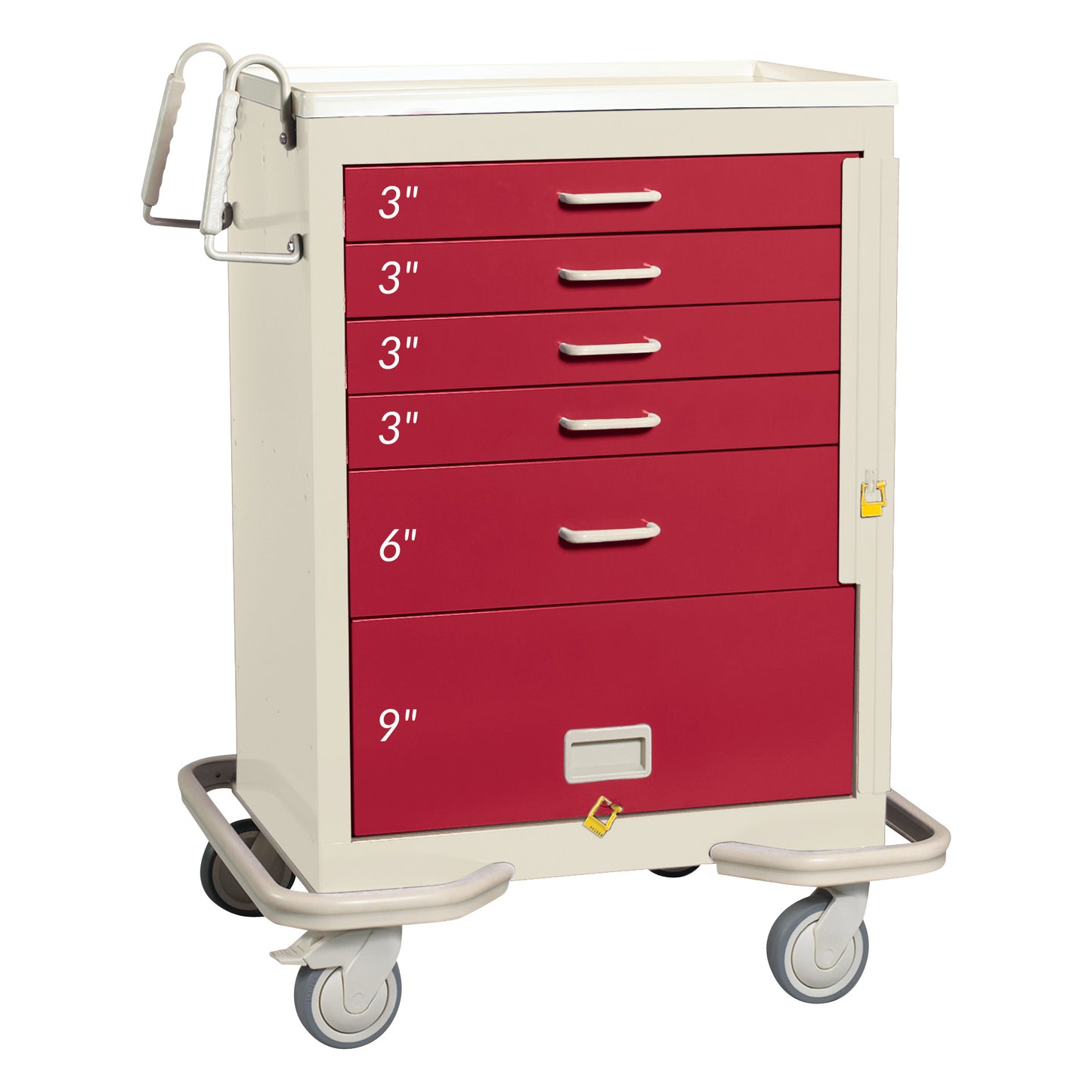 Standard Series 5-Drawer Emergency Cart with Bottom Panel features red drawers labeled by height on casters and side handles.