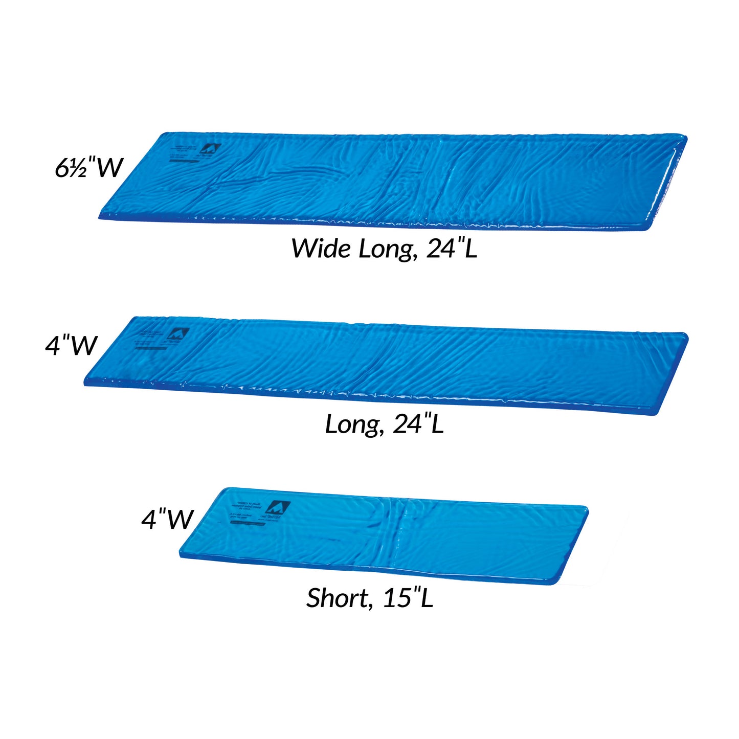 Three AliMed AliBlue Gel Standard Armboard Pads in sizes: Wide Long (6.5\"W x 24\"L), Long (4\"W x 24\"L), and Short (4\"W x 15\"L).