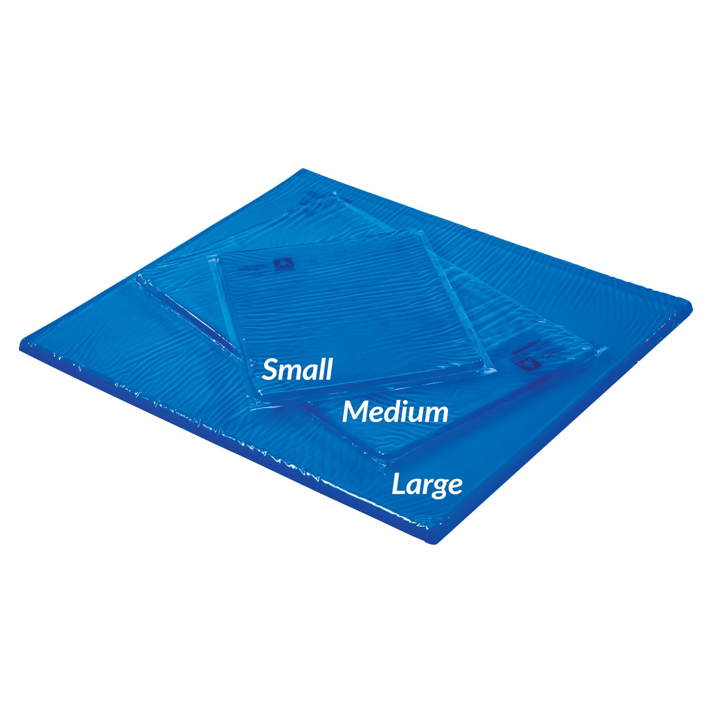 Blue AliMed AliBlue Gel Knee Crutch Pad, with varying sizes stacked on top, showing ribbed texture, against a white background.