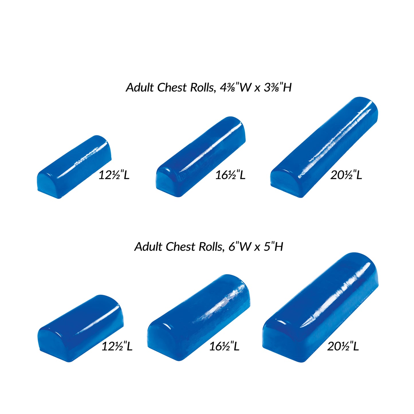 Blue AliMed AliBlue Gel Chest Rolls in two sizes: 4"W x 3"H and 6"W x 5"H, each with lengths of 12", 16", and 20".