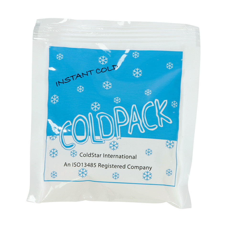 Instant Cold Pack with a blue background and snowflake design, labeled "COLDPACK" and "INSTANT COLD," by a registered company.