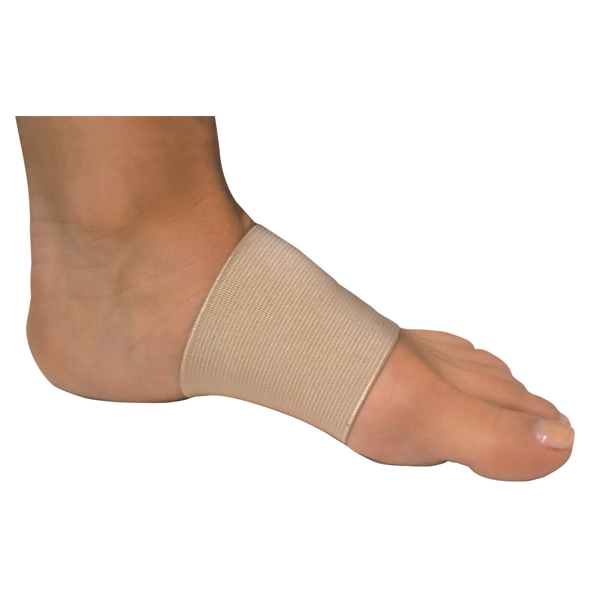 A foot wearing a PediFix Arch Support Bandage, providing compression around the arch for support and relief.