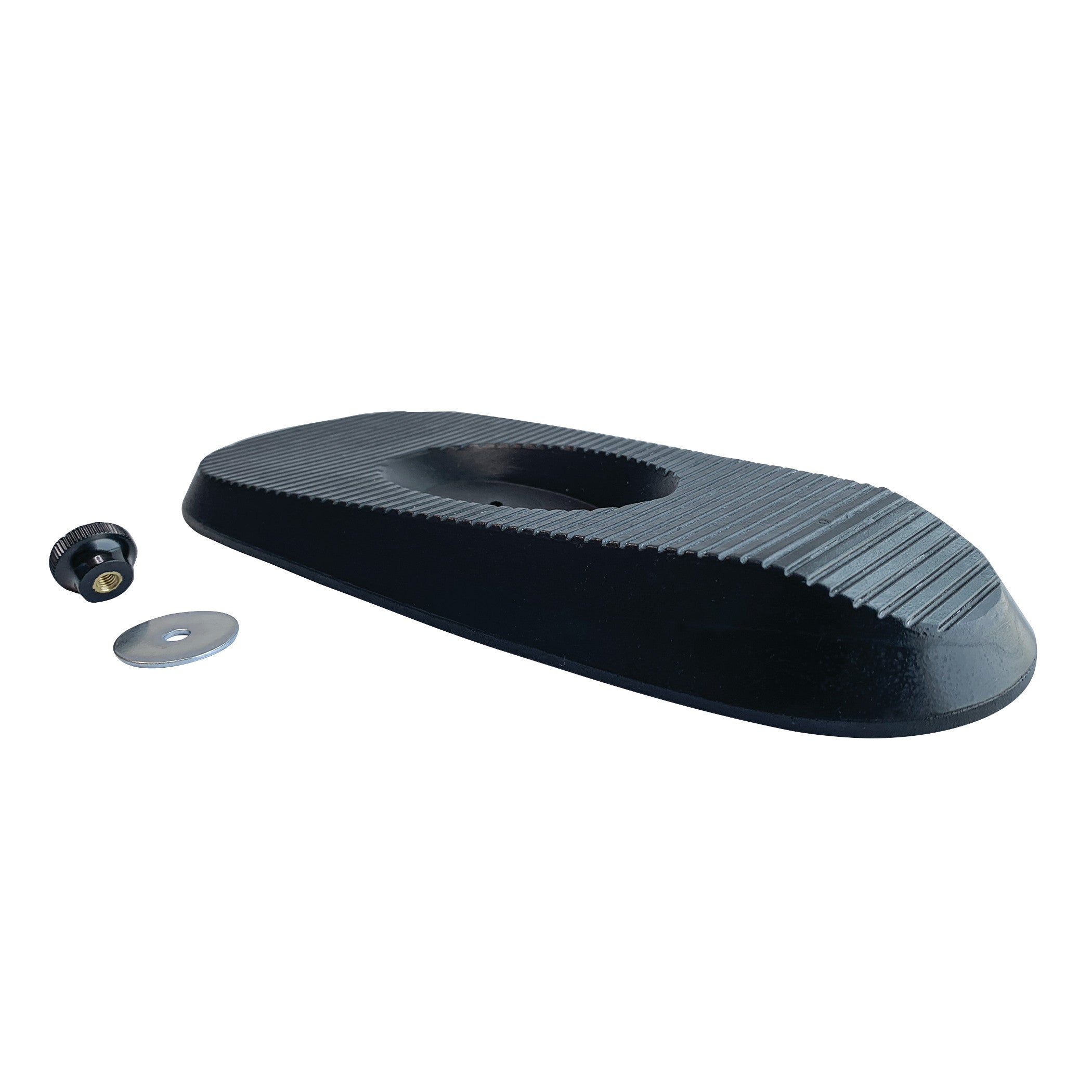 Black Outsole for AliMed MultiBoot Standard Contracture Boot with a ridged surface, shown with a washer and knob.
