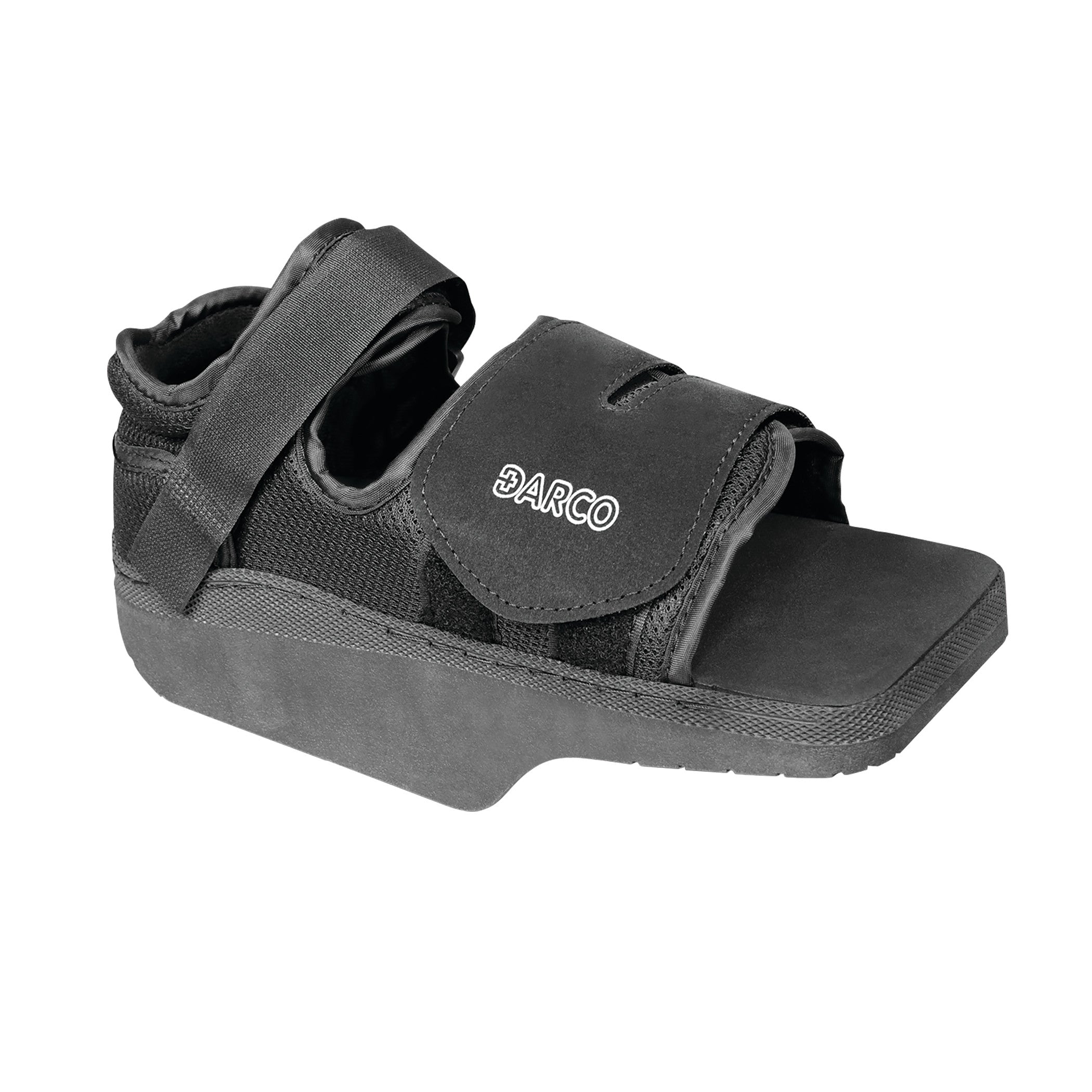 A black DARCO OrthoWedge Shoe with Velcro straps, designed to offload pressure from the forefoot, featuring a wedge-shaped sole.