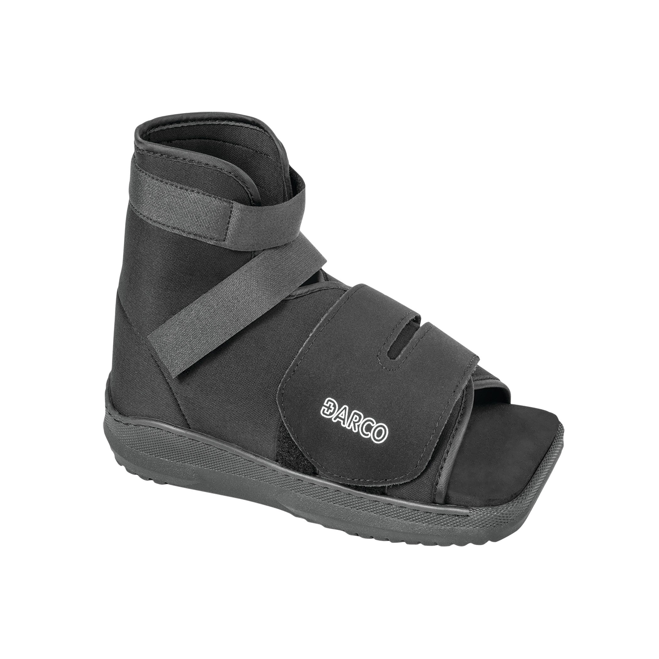 The DARCO Slimline Cast Boot is a black orthopedic boot with adjustable straps designed for foot or leg support and protection.