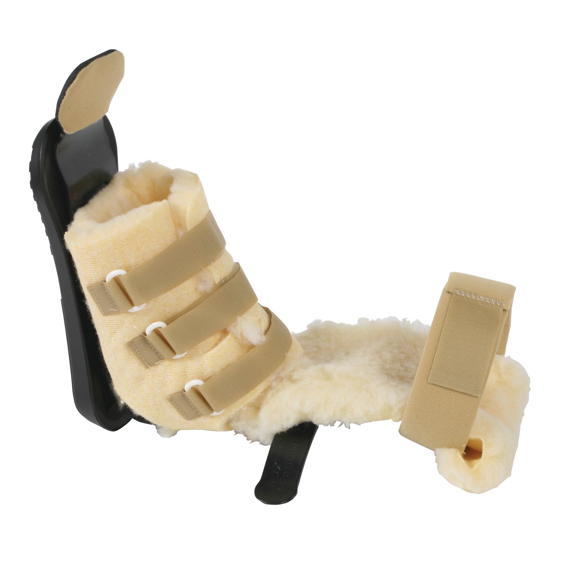 AliMed MultiBoot X-Cel Contracture Boot with Genuine Wool Liner, featuring a black frame, beige straps, and soft wool interior.