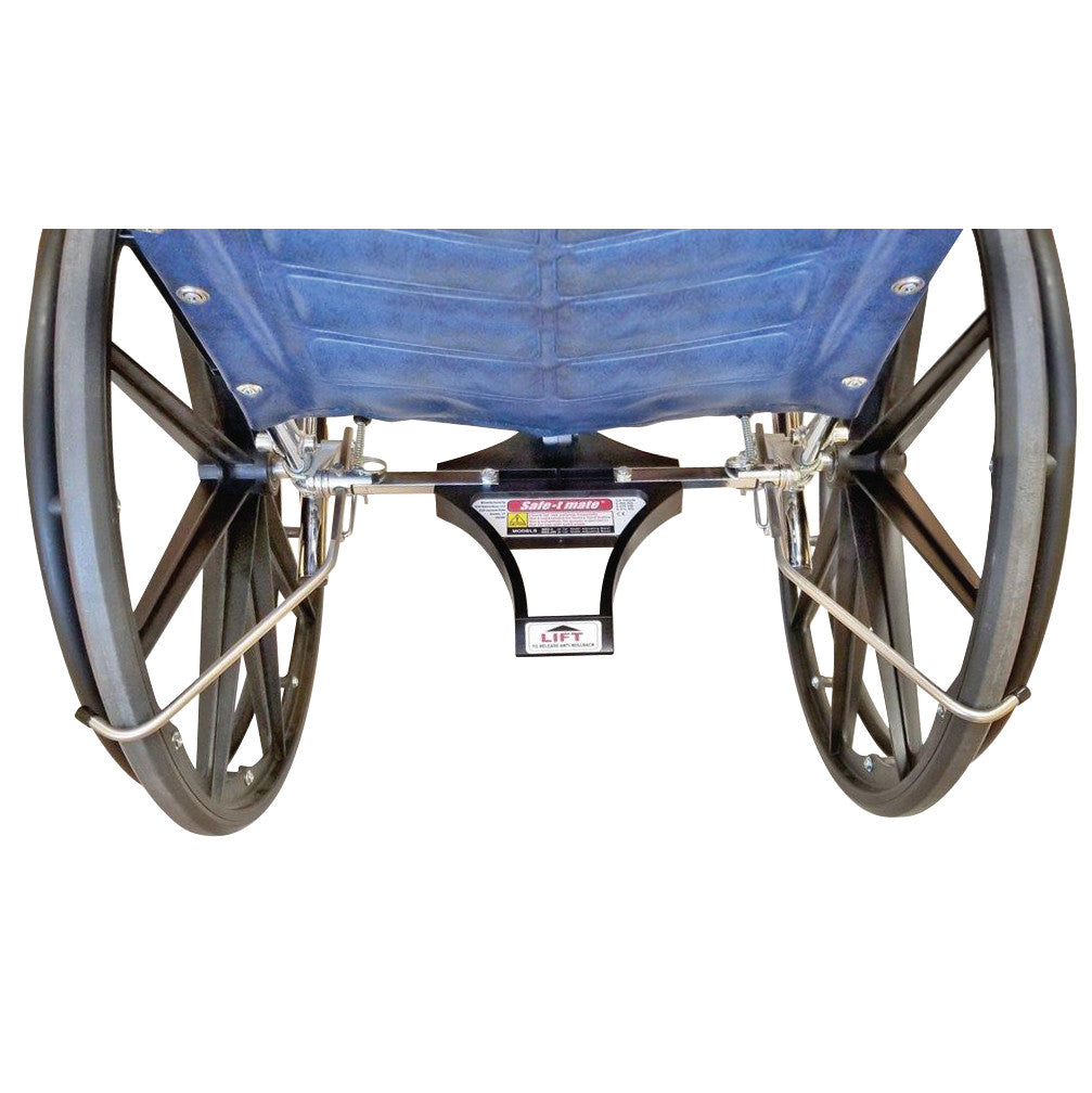 A wheelchair equipped with a Safe-t mate Anti-Rollback System, featuring large wheels and a blue fabric seat.