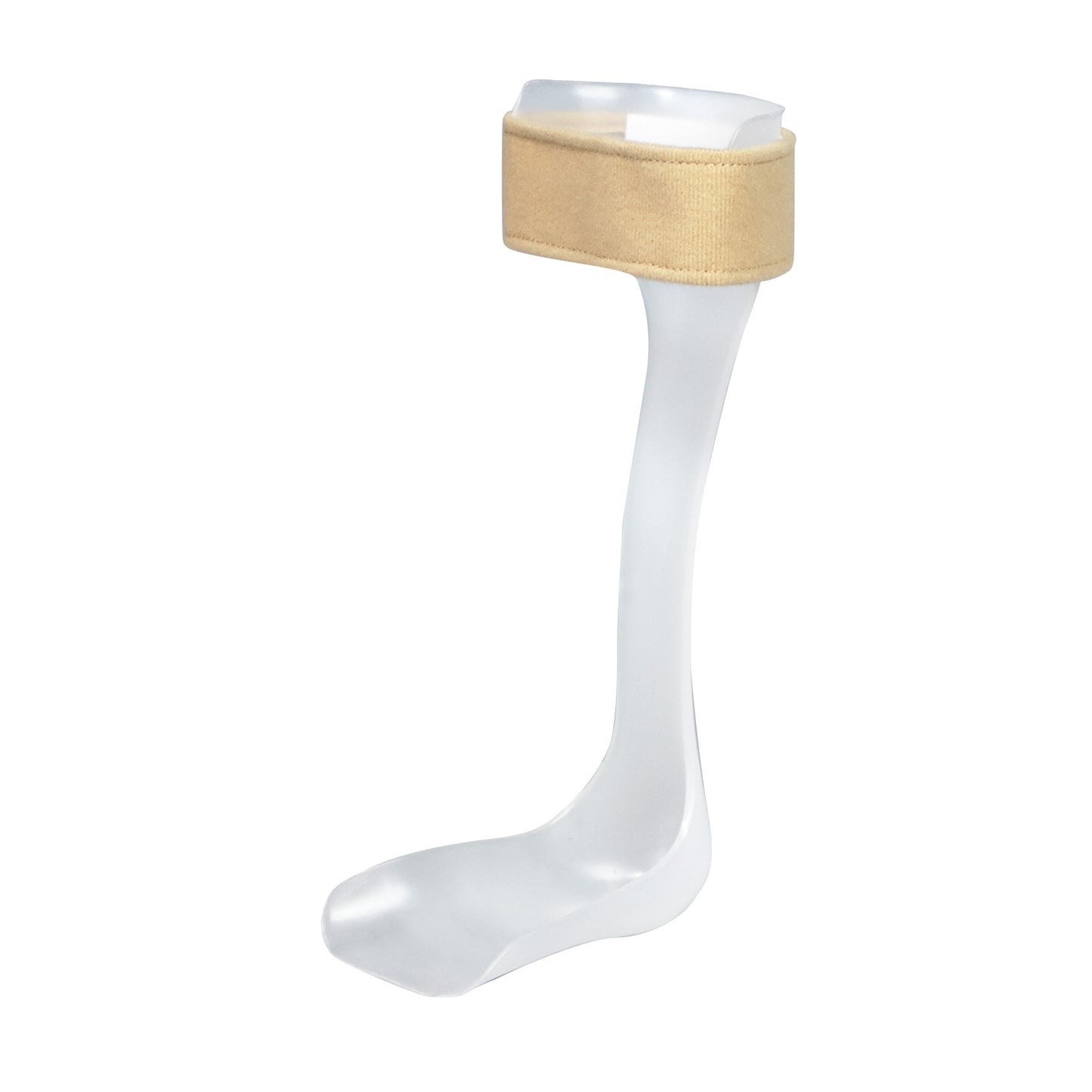 The AliMed Type C-90 Superior Posterior Leaf Spring Footdrop Brace is a clear orthotic device with a beige strap for ankle support.