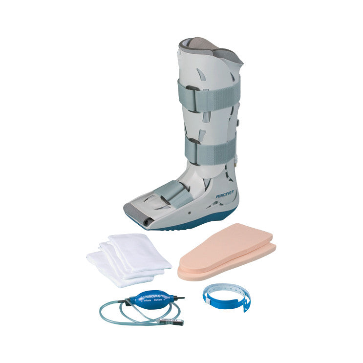 The Aircast XP Diabetic Walker, a gray orthopedic boot with accessories, includes padding, straps, and a hand pump on a white background.